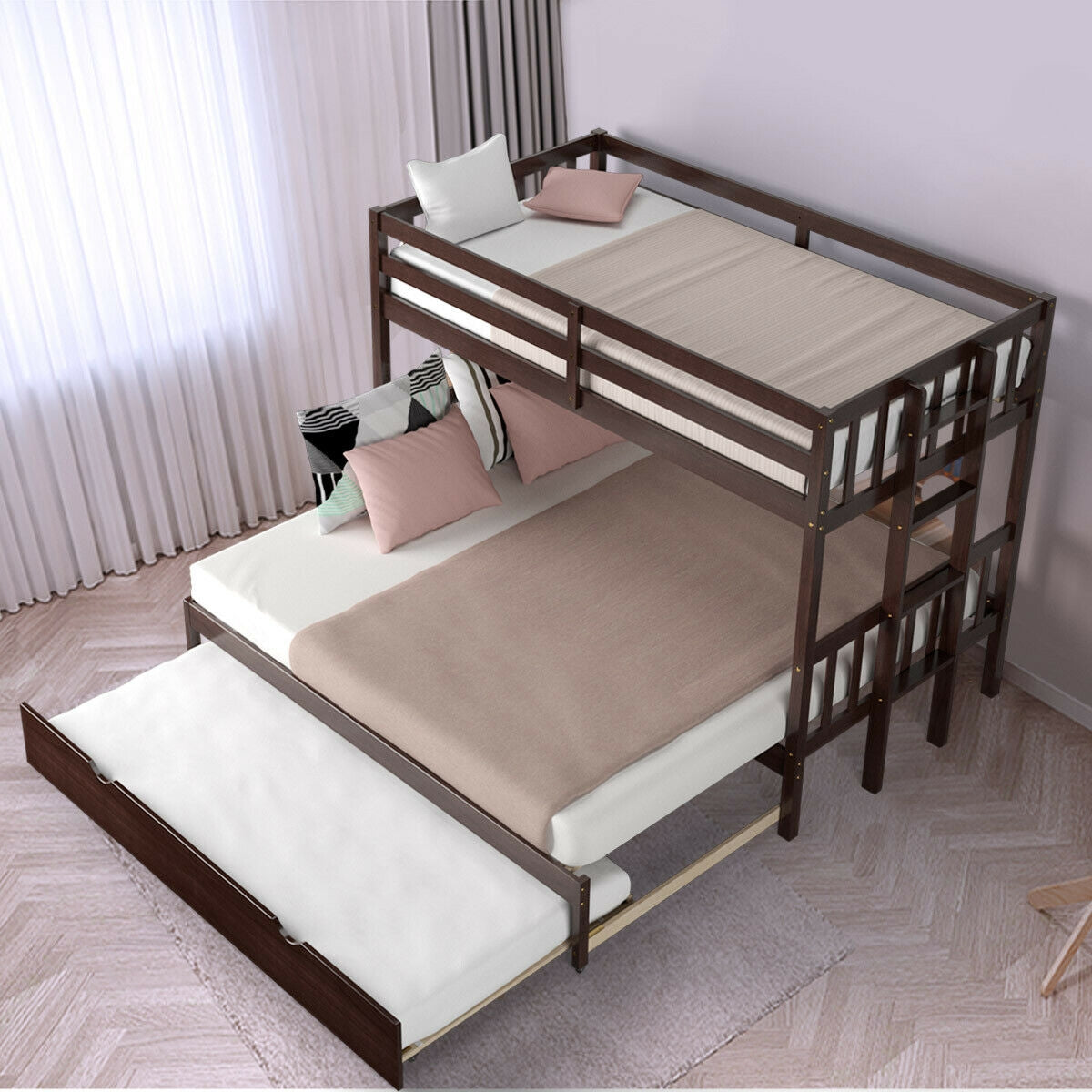 Twin Pull-Out Bunk Bed With Trundle, Wooden Ladder, Dark Brown Bunk Bed Frame at Gallery Canada