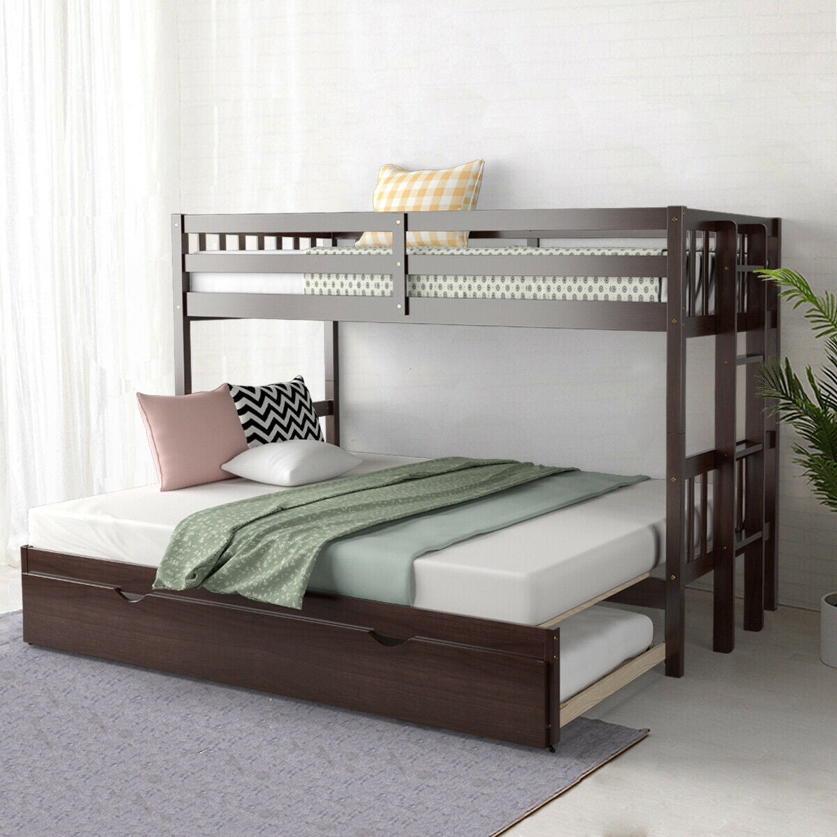 Twin Pull-Out Bunk Bed With Trundle, Wooden Ladder, Dark Brown Bunk Bed Frame at Gallery Canada