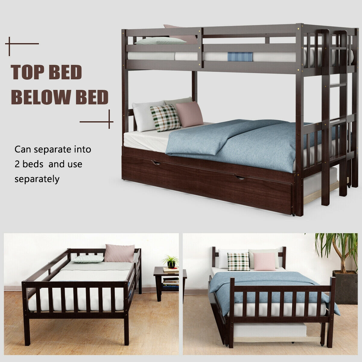 Twin Pull-Out Bunk Bed With Trundle, Wooden Ladder, Dark Brown Bunk Bed Frame at Gallery Canada