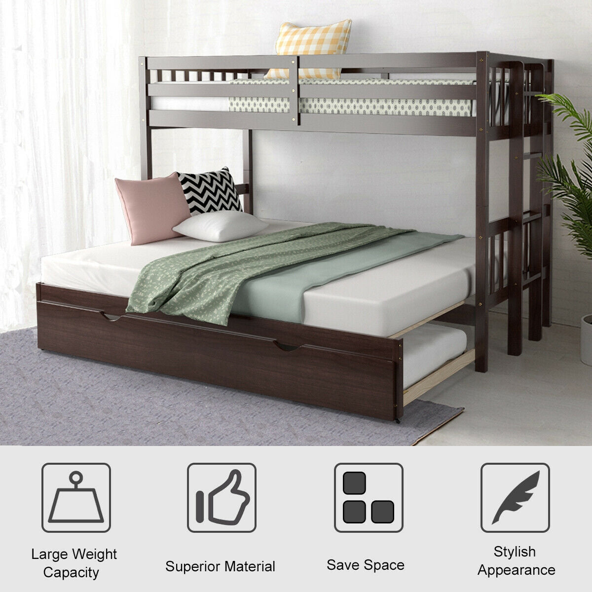 Twin Pull-Out Bunk Bed With Trundle, Wooden Ladder, Dark Brown Bunk Bed Frame at Gallery Canada