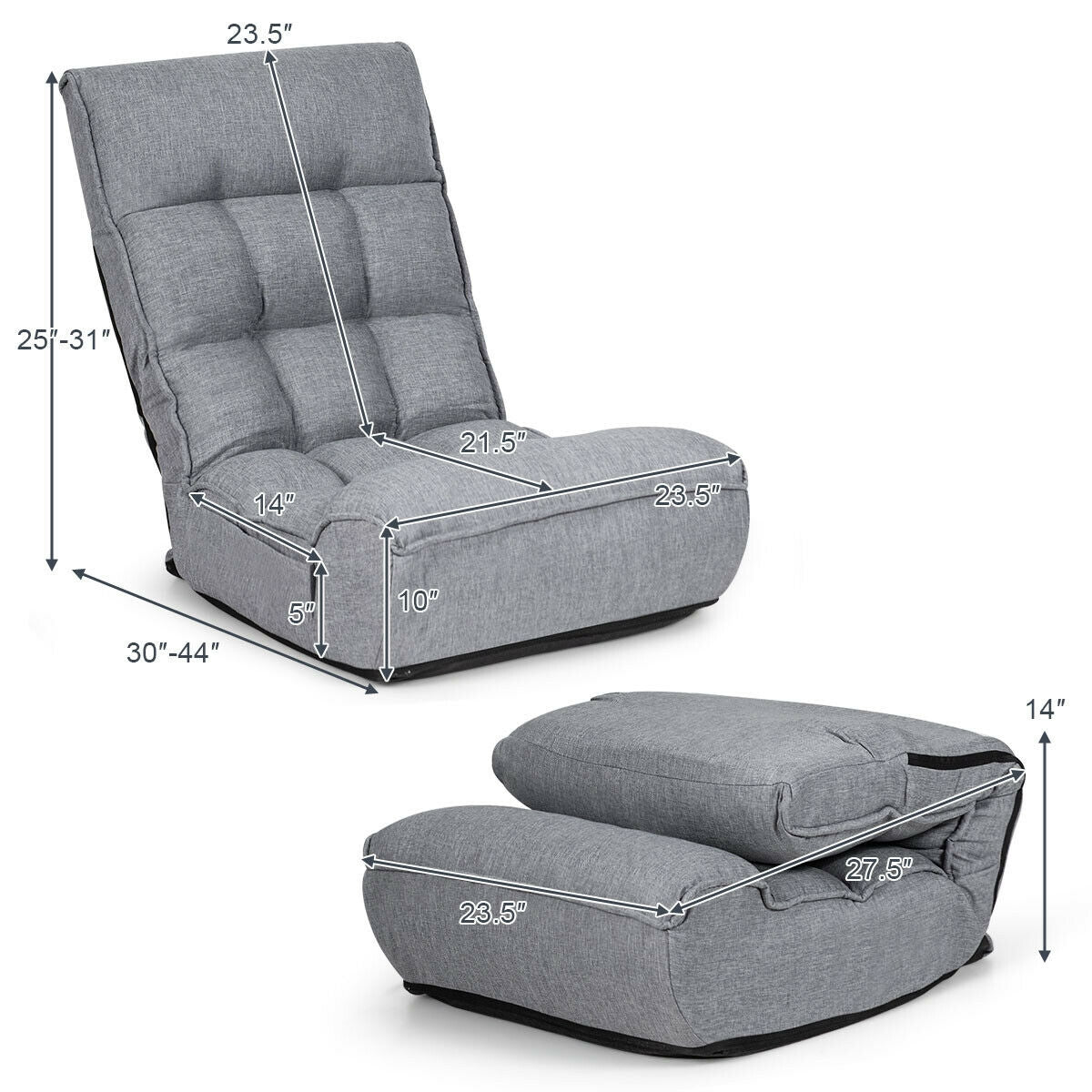 4-Position Adjustable Floor Chair, Folding Lazy Sofa, Gray Floor Chairs at Gallery Canada