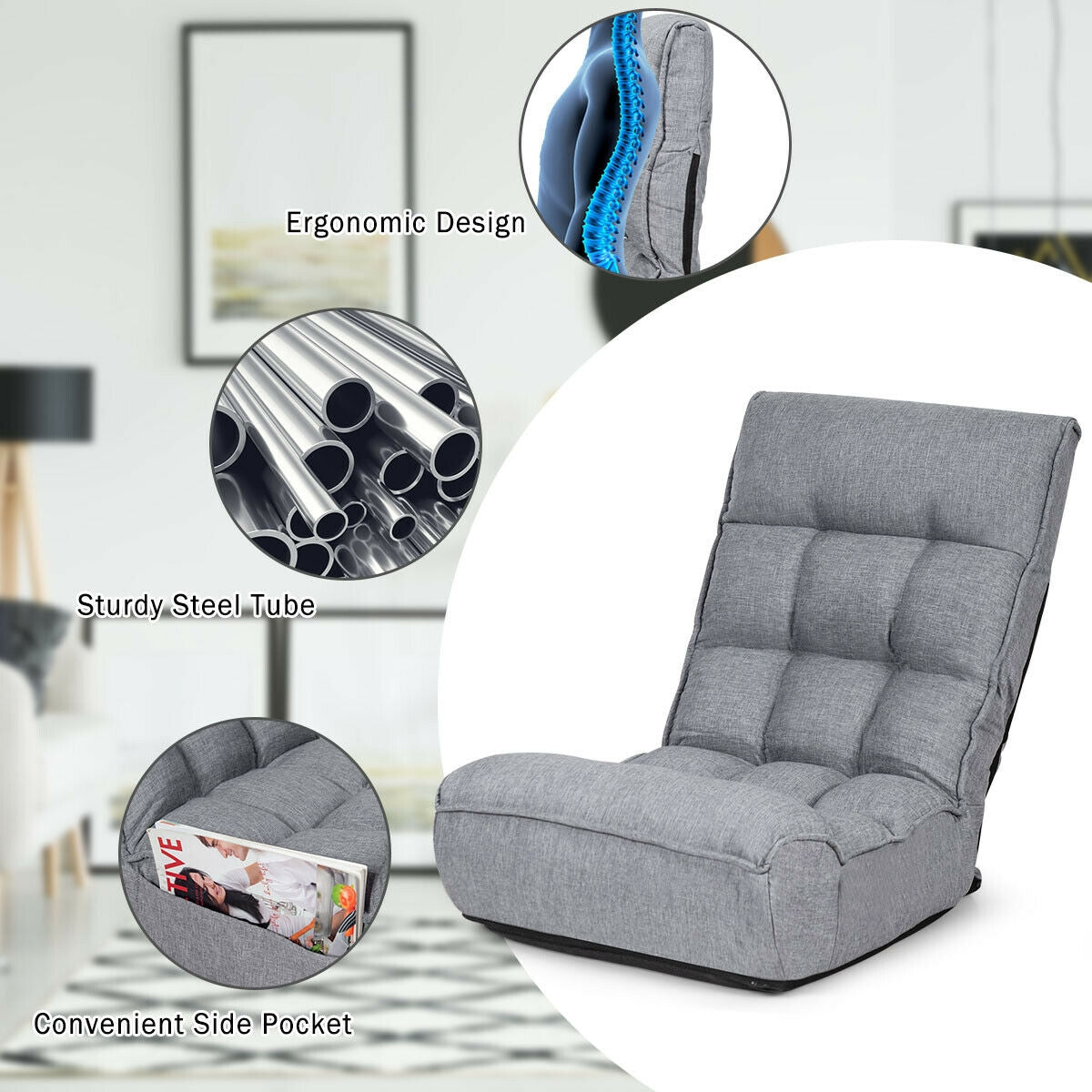 4-Position Adjustable Floor Chair, Folding Lazy Sofa, Gray Floor Chairs at Gallery Canada