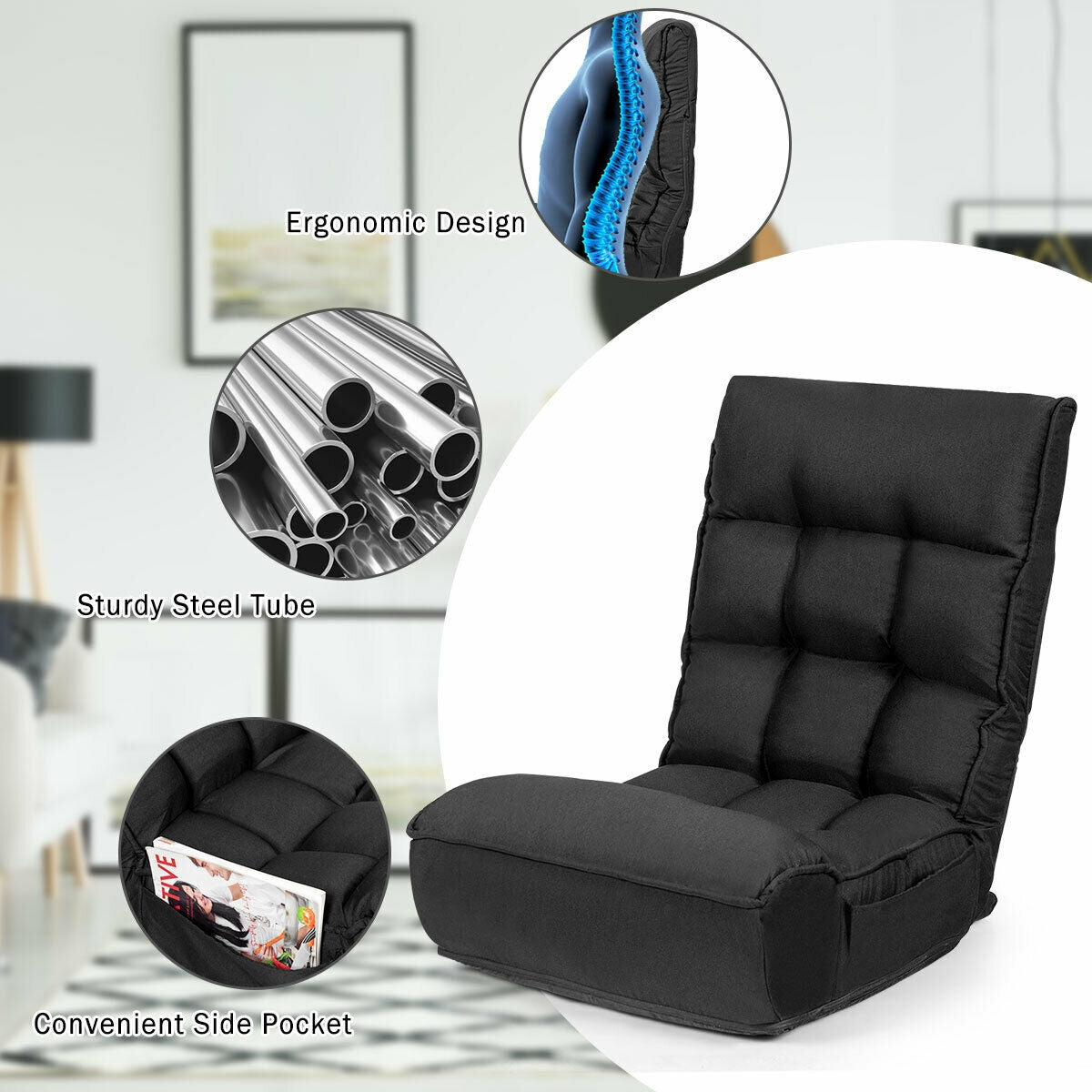 4-Position Adjustable Floor Chair, Black Floor Chairs at Gallery Canada