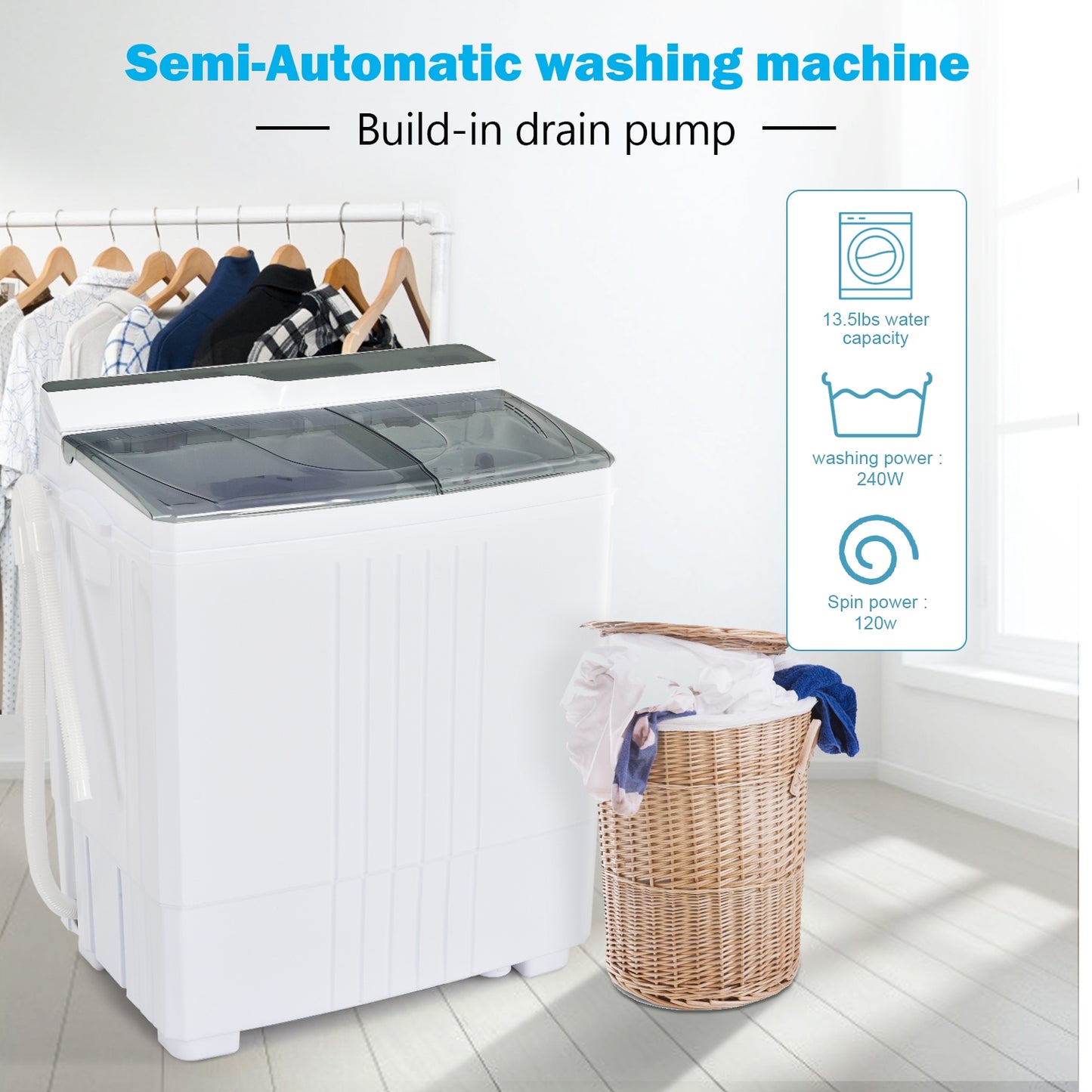 Twin Tub Portable Washing Machine, Timer Control, Drain Pump, Gray Washing Machines at Gallery Canada