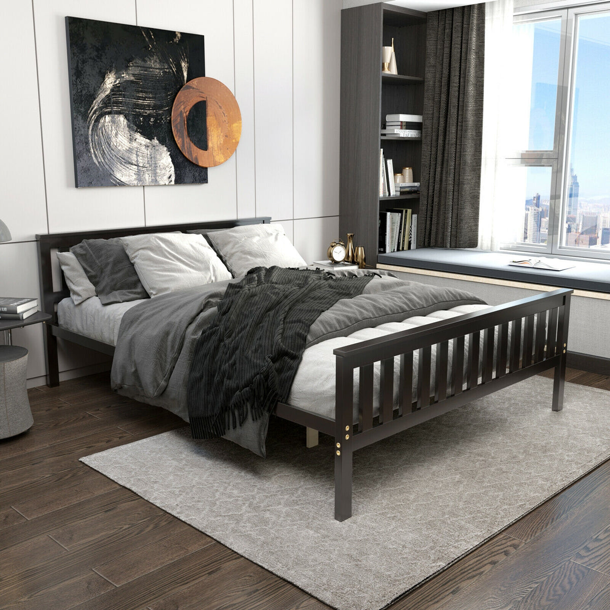 Queen Wood Platform Bed With Headboard, Espresso Simple Bed Frame at Gallery Canada