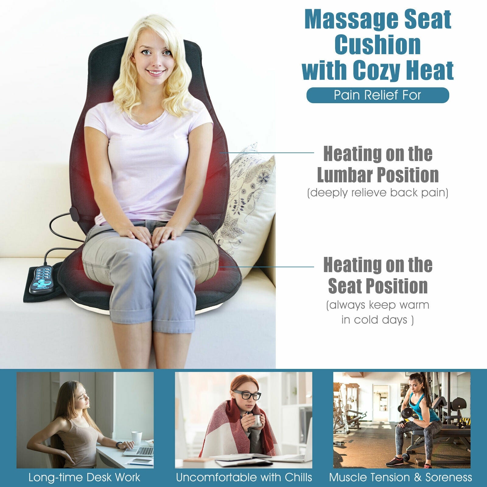 Seat Cushion Massager With Heat, 6 Vibration Motors, Black Back Massager at Gallery Canada