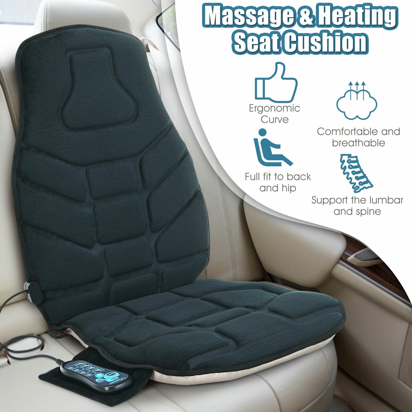 Seat Cushion Massager With Heat, 6 Vibration Motors, Black Back Massager at Gallery Canada