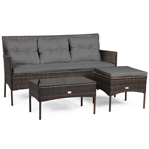 3 Piece Patio Sectional Set, 5 Cushions, Gray
