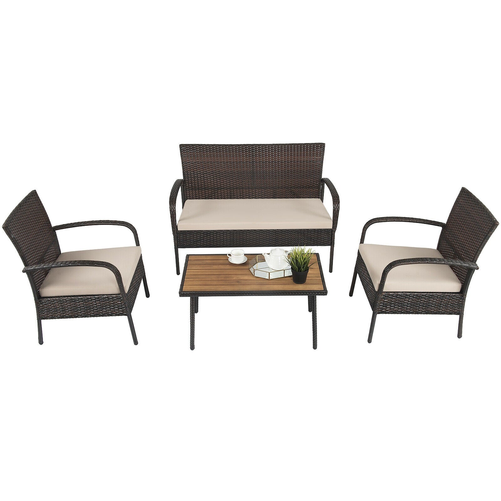 4 Piece Patio Cushioned Wicker Conversation Set, Acacia Wood Tabletop, Brown Patio Conversation Sets at Gallery Canada