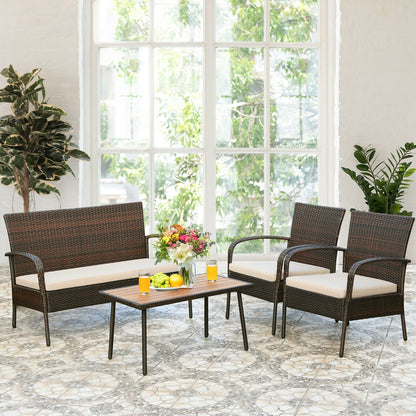 4 Piece Patio Cushioned Wicker Conversation Set, Acacia Wood Tabletop, Brown Patio Conversation Sets at Gallery Canada