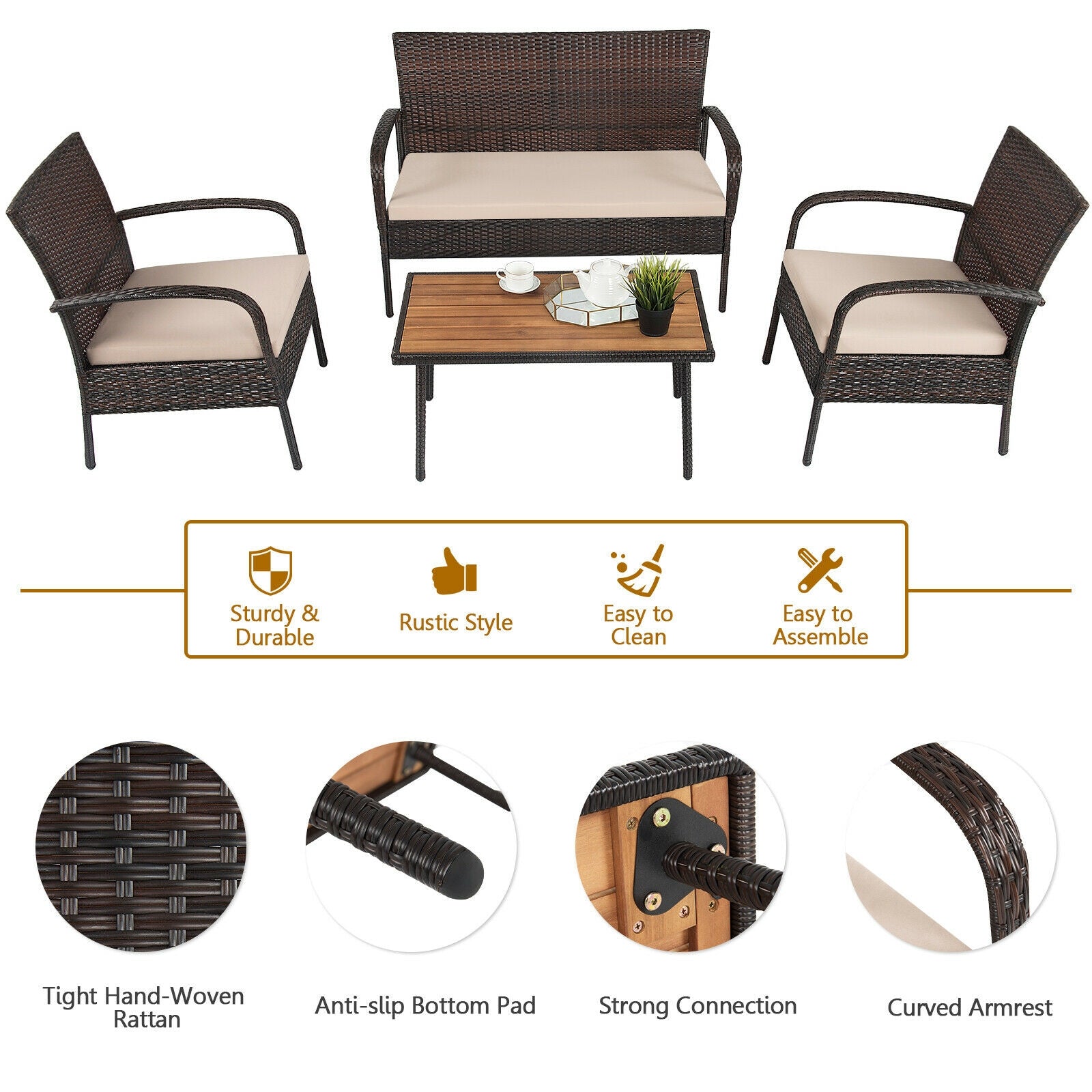 4 Piece Patio Cushioned Wicker Conversation Set, Acacia Wood Tabletop, Brown Patio Conversation Sets at Gallery Canada