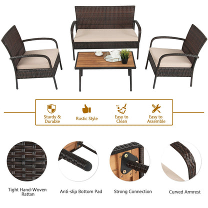 4 Piece Patio Cushioned Wicker Conversation Set, Acacia Wood Tabletop, Brown Patio Conversation Sets at Gallery Canada