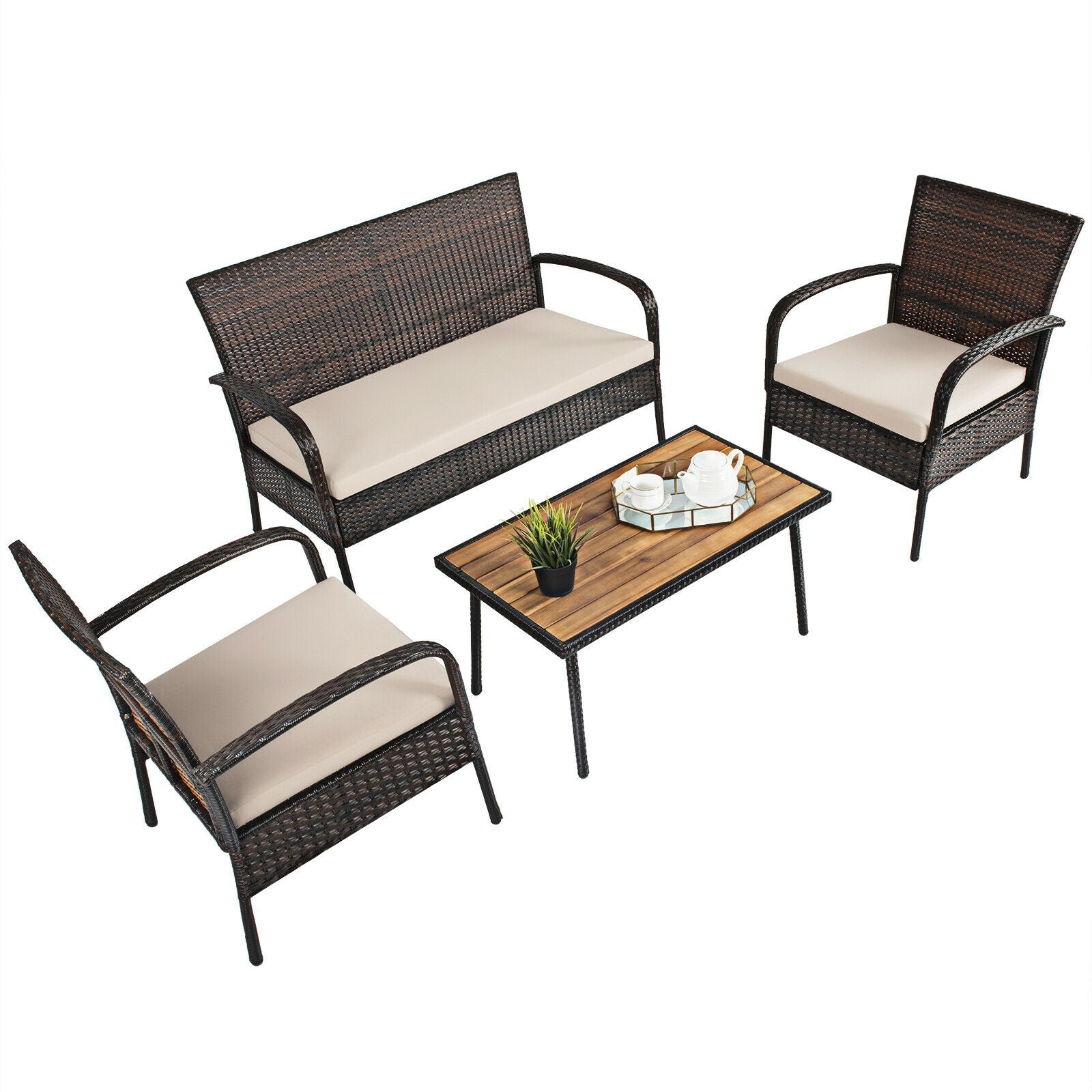 4 Piece Patio Cushioned Wicker Conversation Set, Acacia Wood Tabletop, Brown Patio Conversation Sets at Gallery Canada
