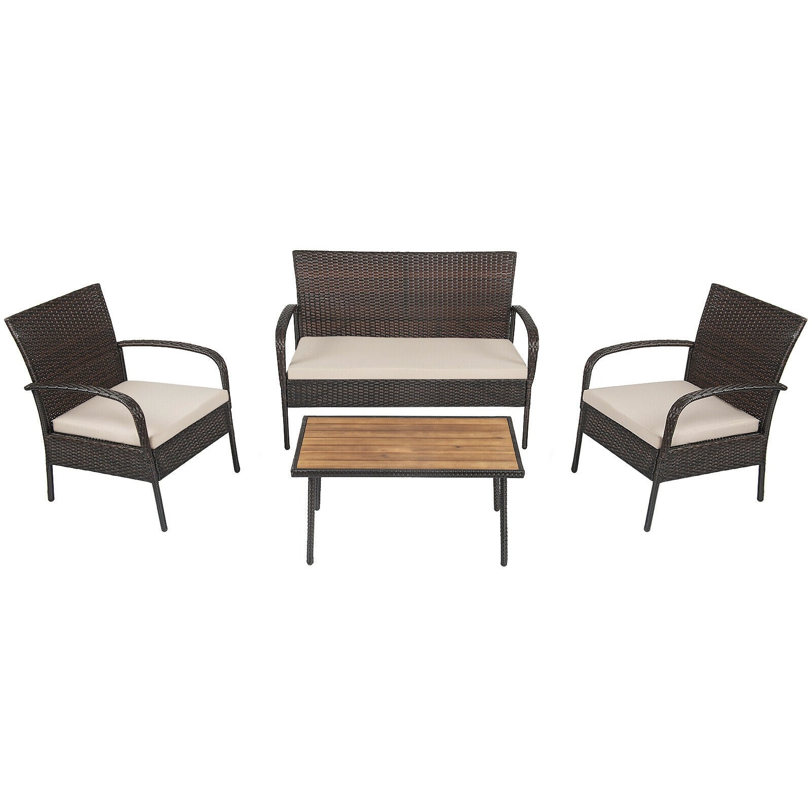 4 Piece Patio Cushioned Wicker Conversation Set, Acacia Wood Tabletop, Brown Patio Conversation Sets at Gallery Canada