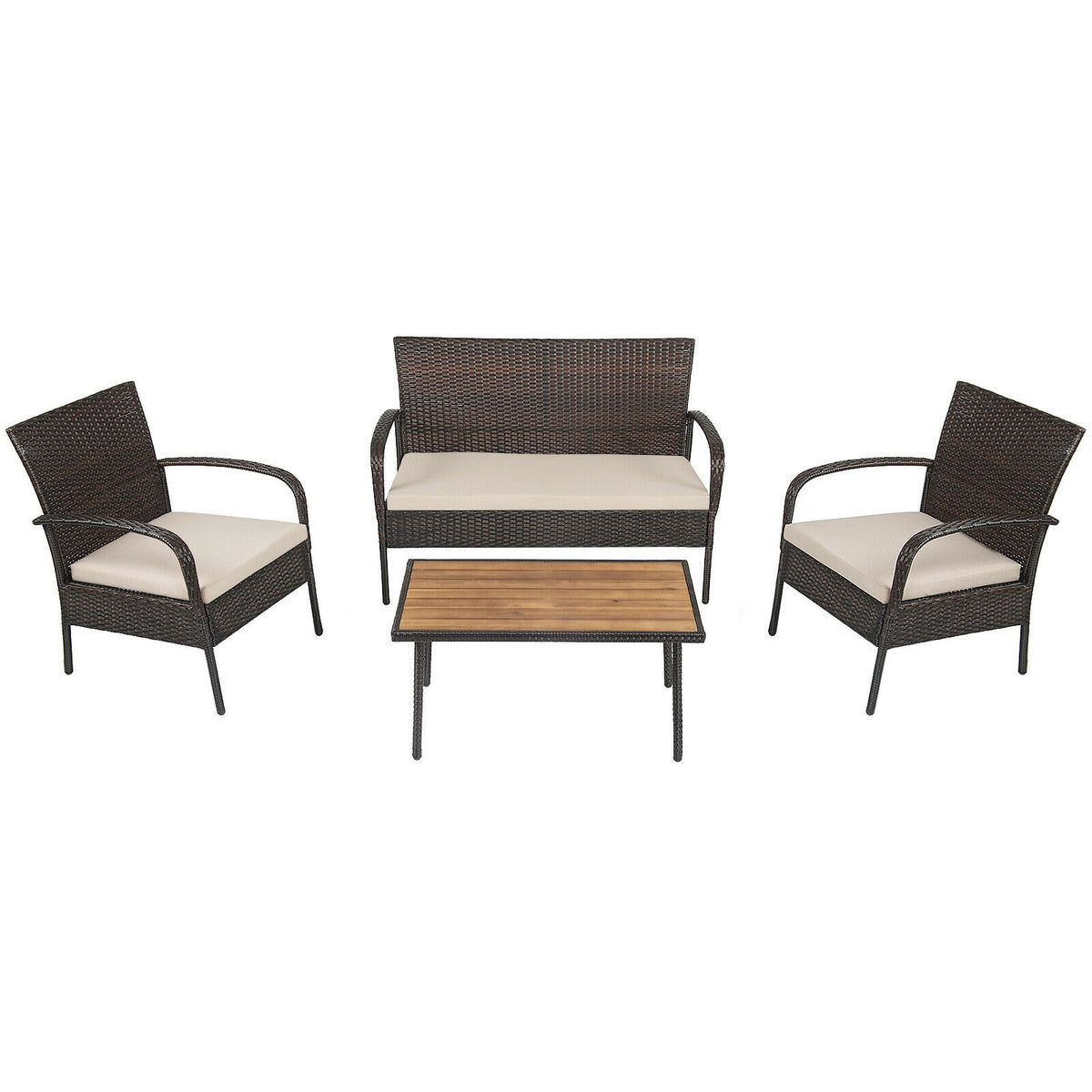 4 Piece Patio Cushioned Wicker Conversation Set, Acacia Wood Tabletop, Brown Patio Conversation Sets at Gallery Canada