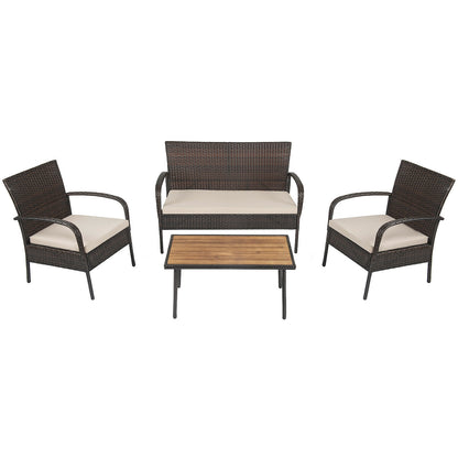 4 Piece Patio Cushioned Wicker Conversation Set, Acacia Wood Tabletop, Brown Patio Conversation Sets at Gallery Canada