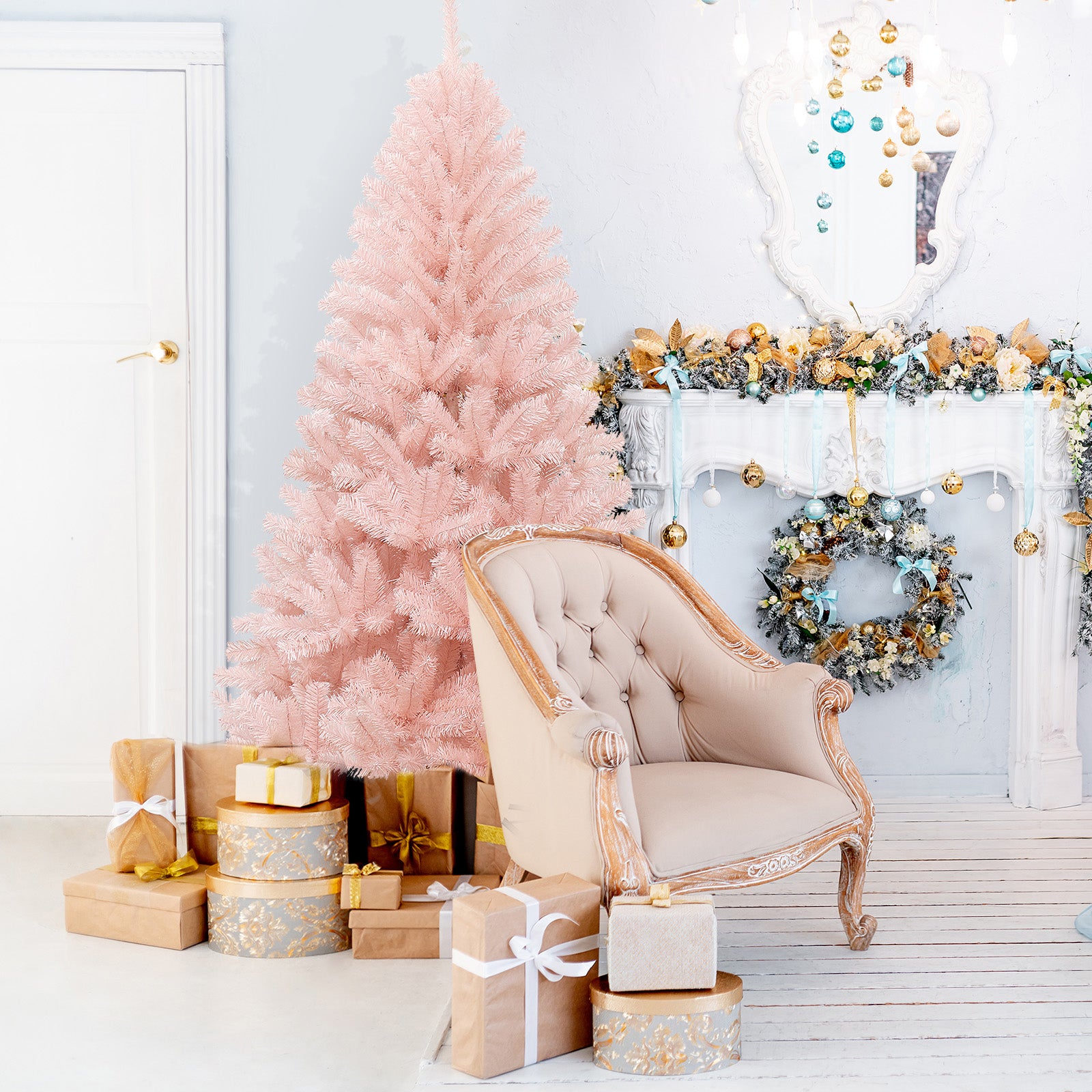 6 Feet Artificial Christmas Tree, Hinged Full Fir, Pink Christmas Tree at Gallery Canada