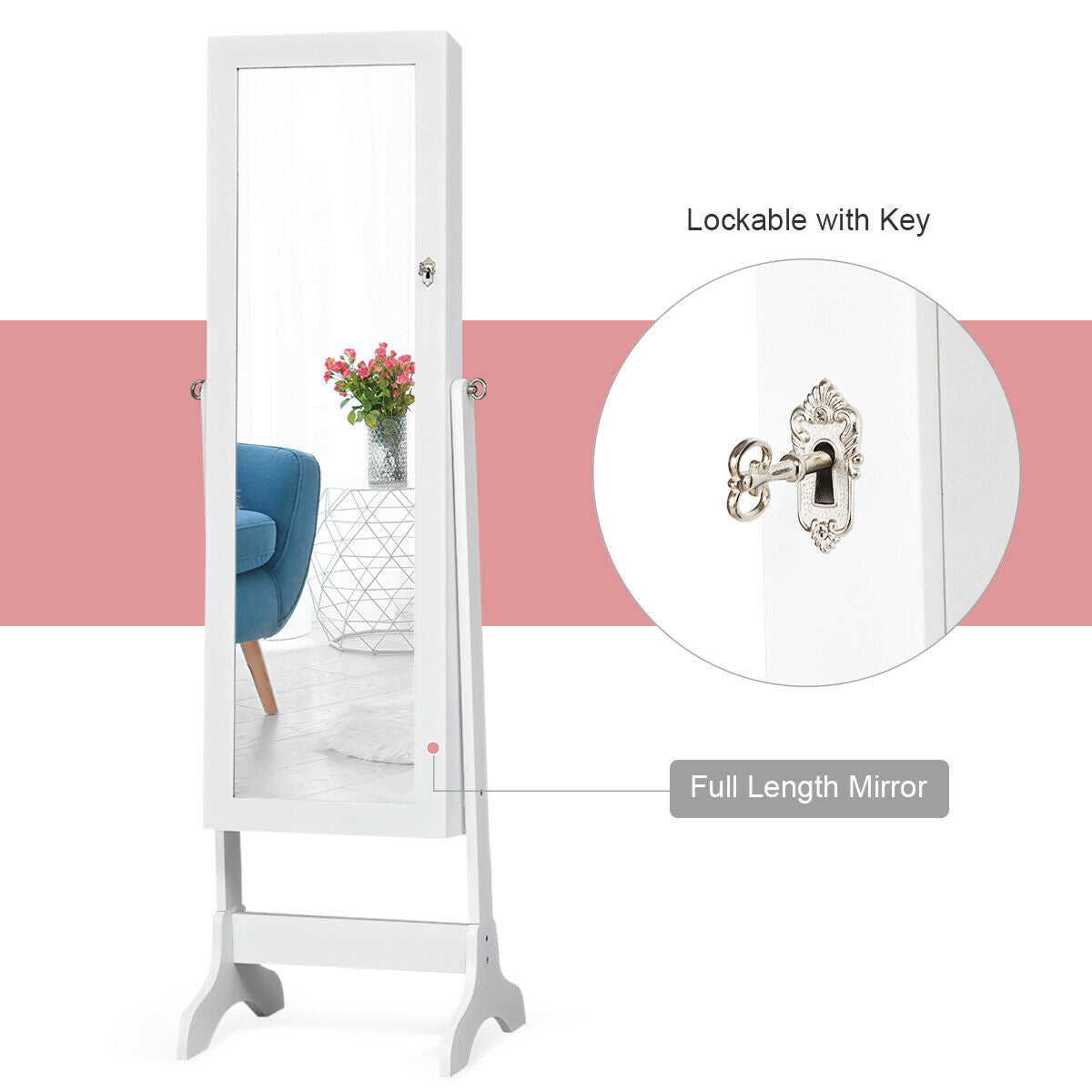 Lockable Mirrored Jewelry Cabinet Armoire, White Jewelry Armoires at Gallery Canada