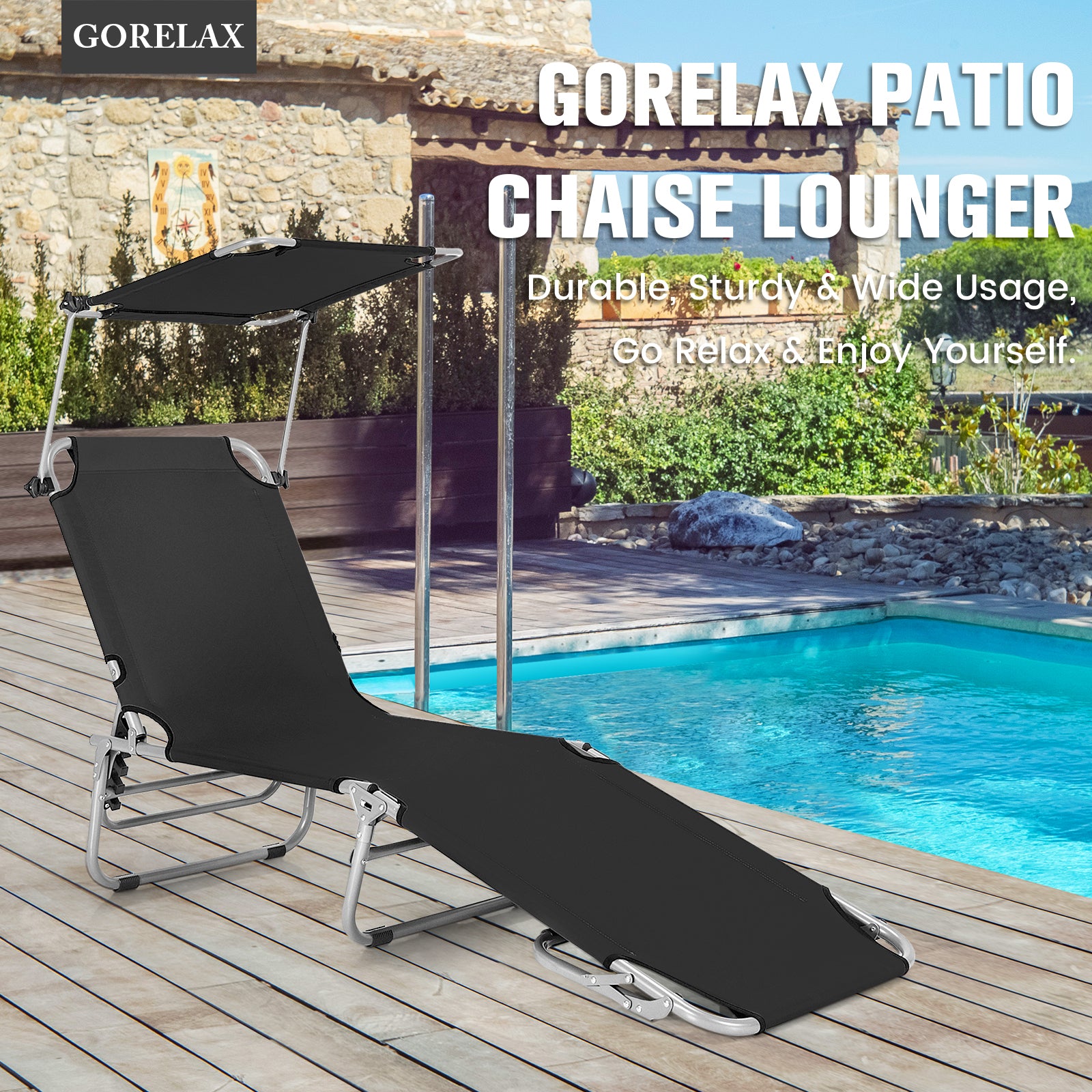 Adjustable Outdoor Recliner With Sun Shade, Black Outdoor Chaise Lounges at Gallery Canada