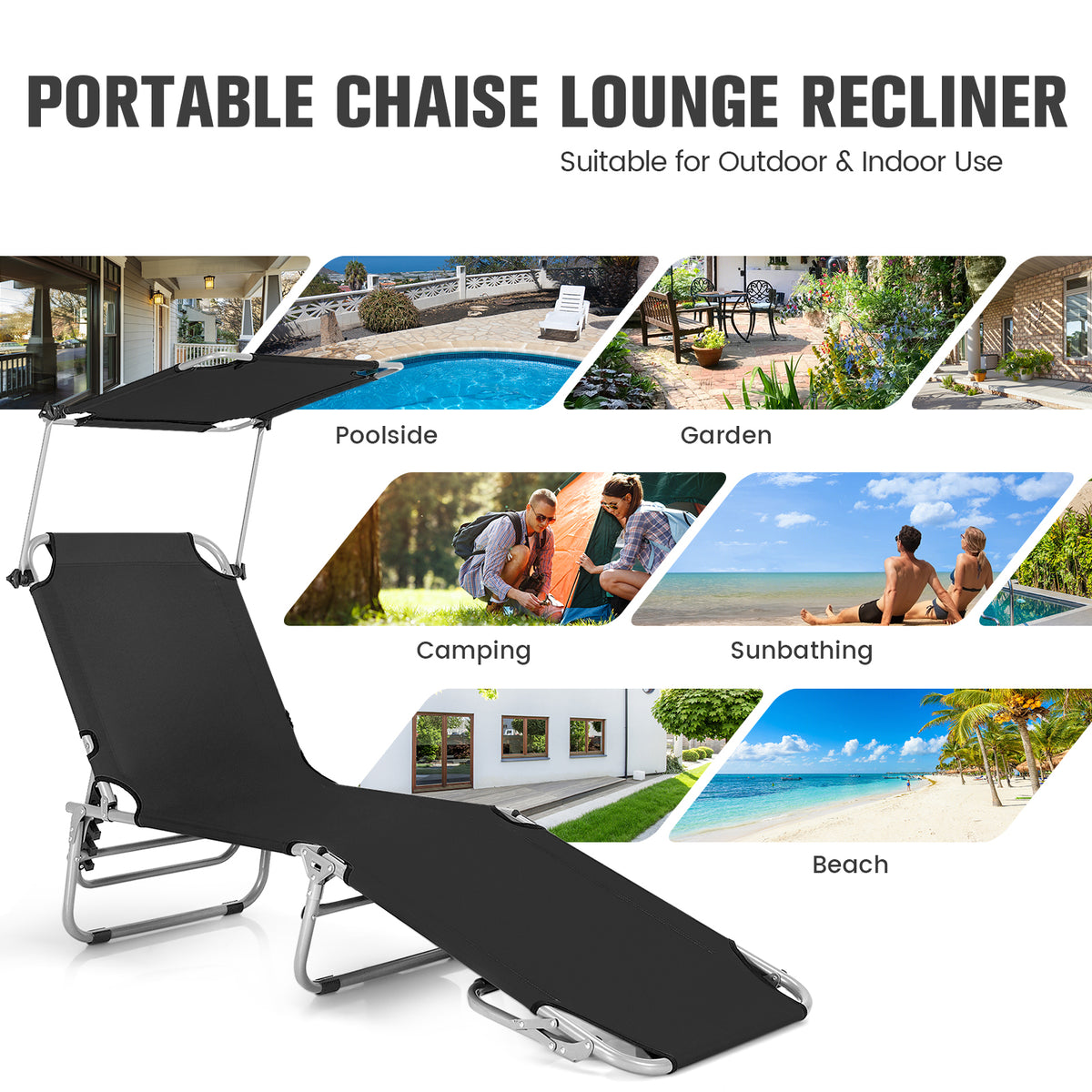 Adjustable Outdoor Recliner With Sun Shade, Black Outdoor Chaise Lounges at Gallery Canada