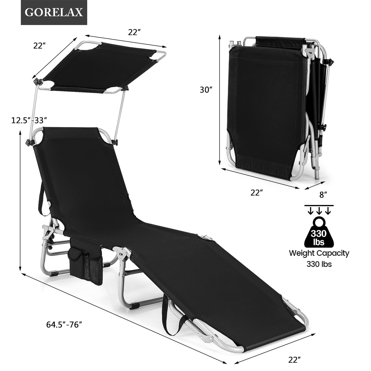 Adjustable Outdoor Recliner With Sun Shade, Black Outdoor Chaise Lounges at Gallery Canada