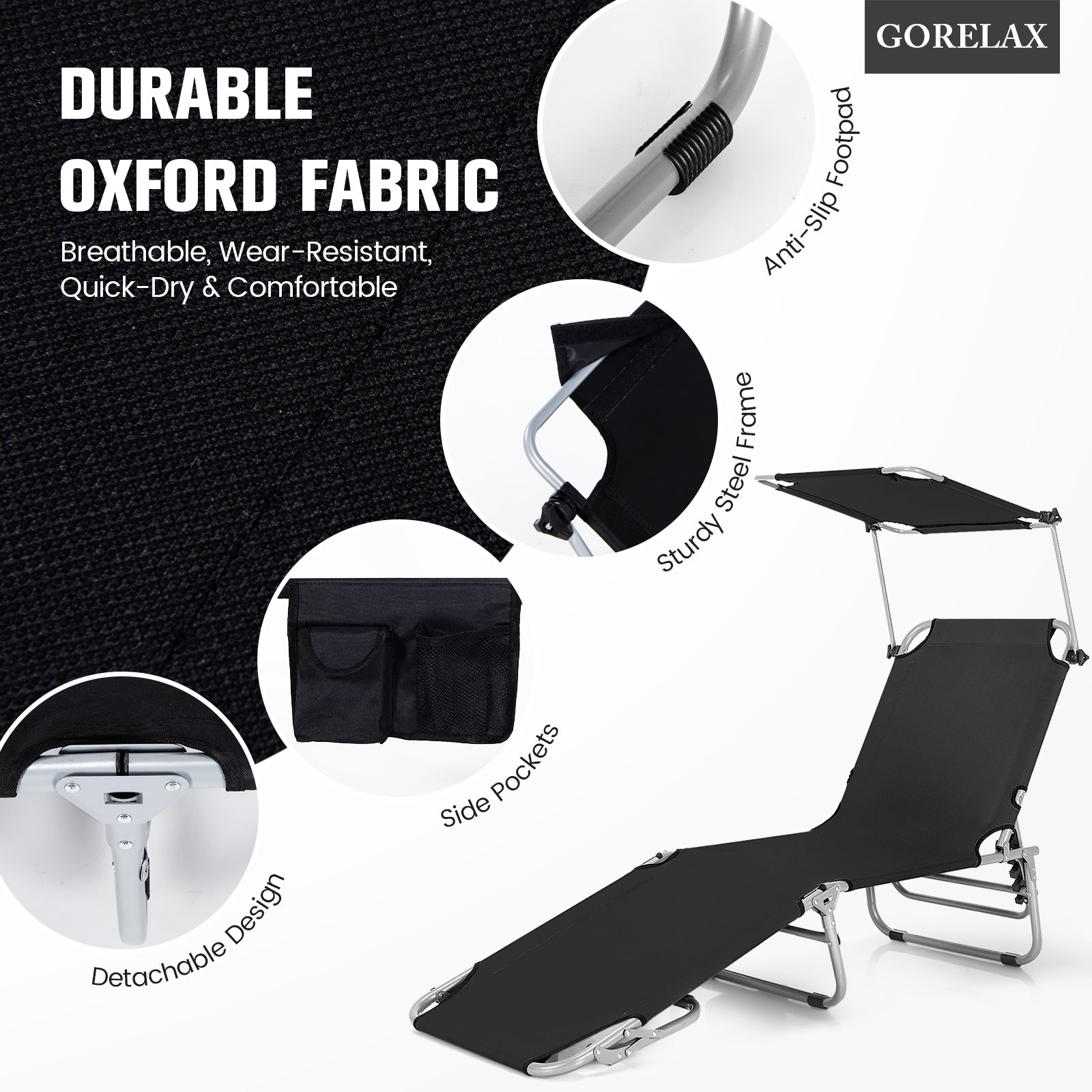 Adjustable Outdoor Recliner With Sun Shade, Black Outdoor Chaise Lounges at Gallery Canada