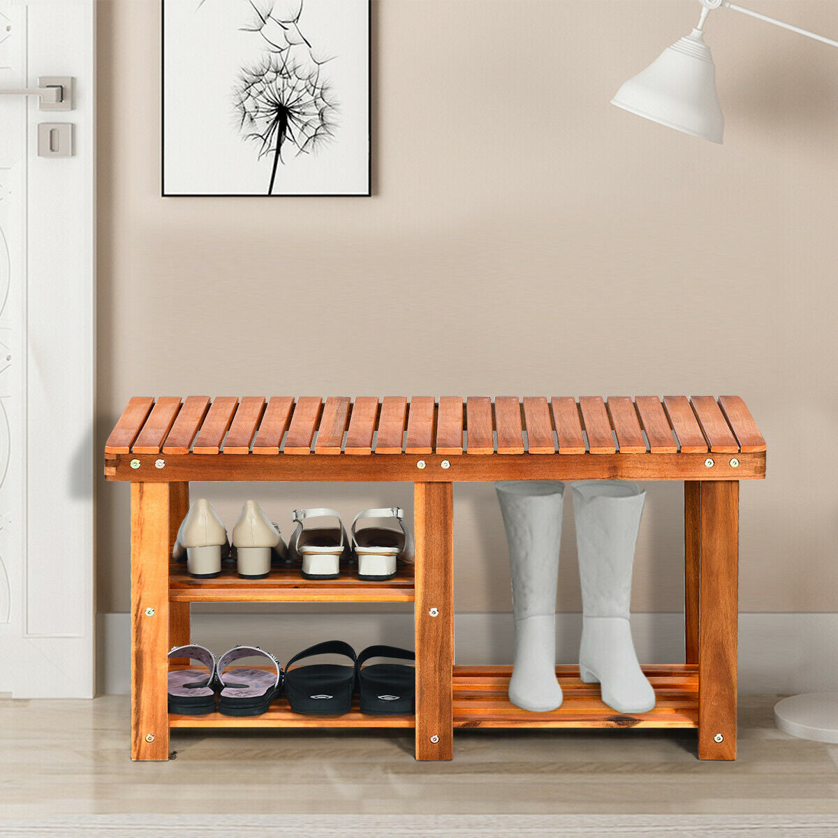 3-Tier Wooden Shoe Organizer With Seat, Natural Shoe Racks & Storage Benches at Gallery Canada
