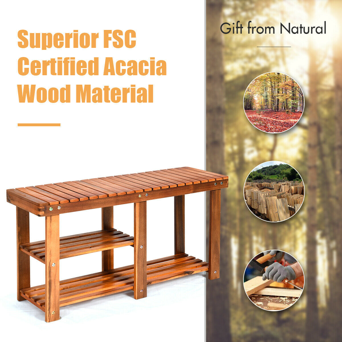 3-Tier Wooden Shoe Organizer With Seat, Natural Shoe Racks & Storage Benches at Gallery Canada