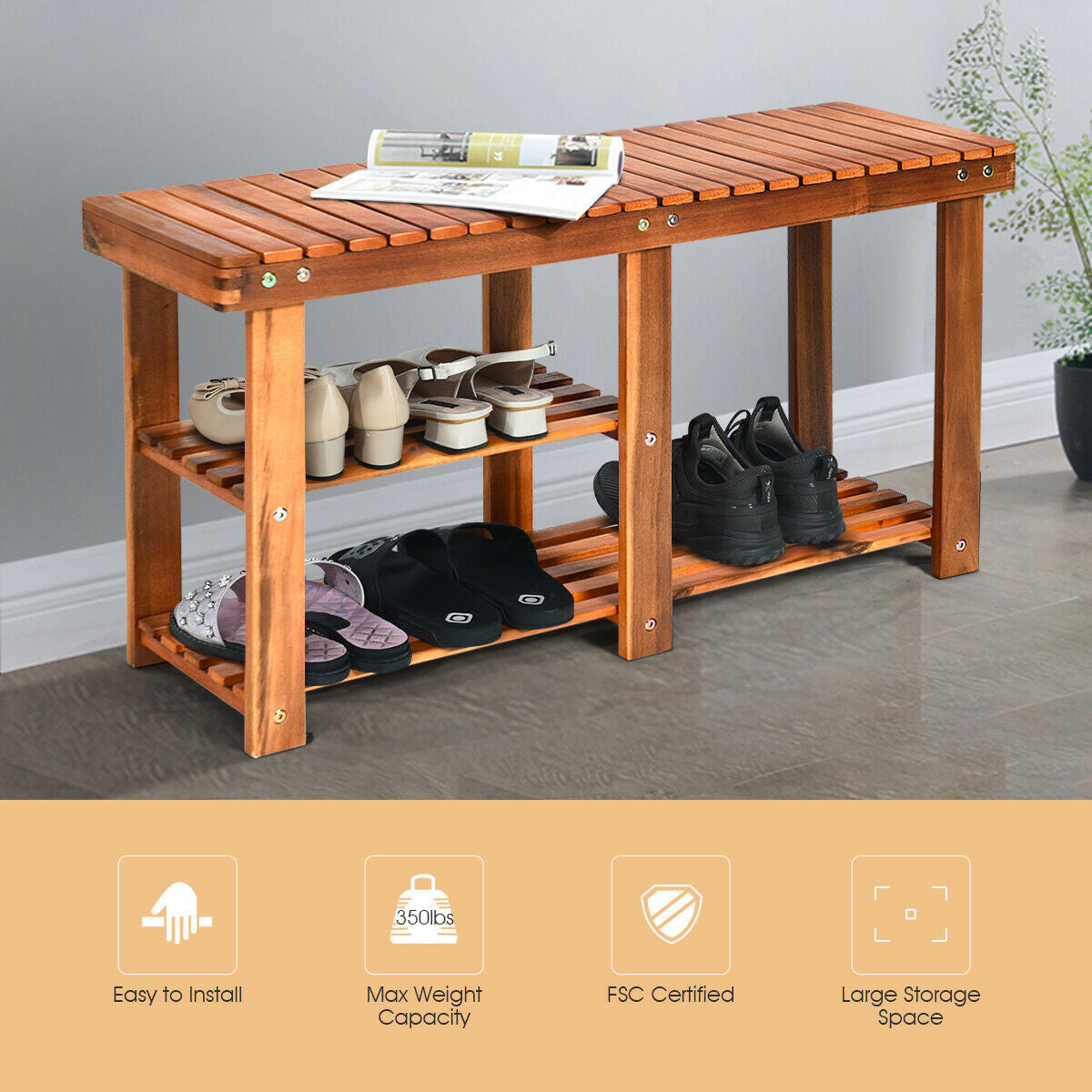 3-Tier Wooden Shoe Organizer With Seat, Natural Shoe Racks & Storage Benches at Gallery Canada