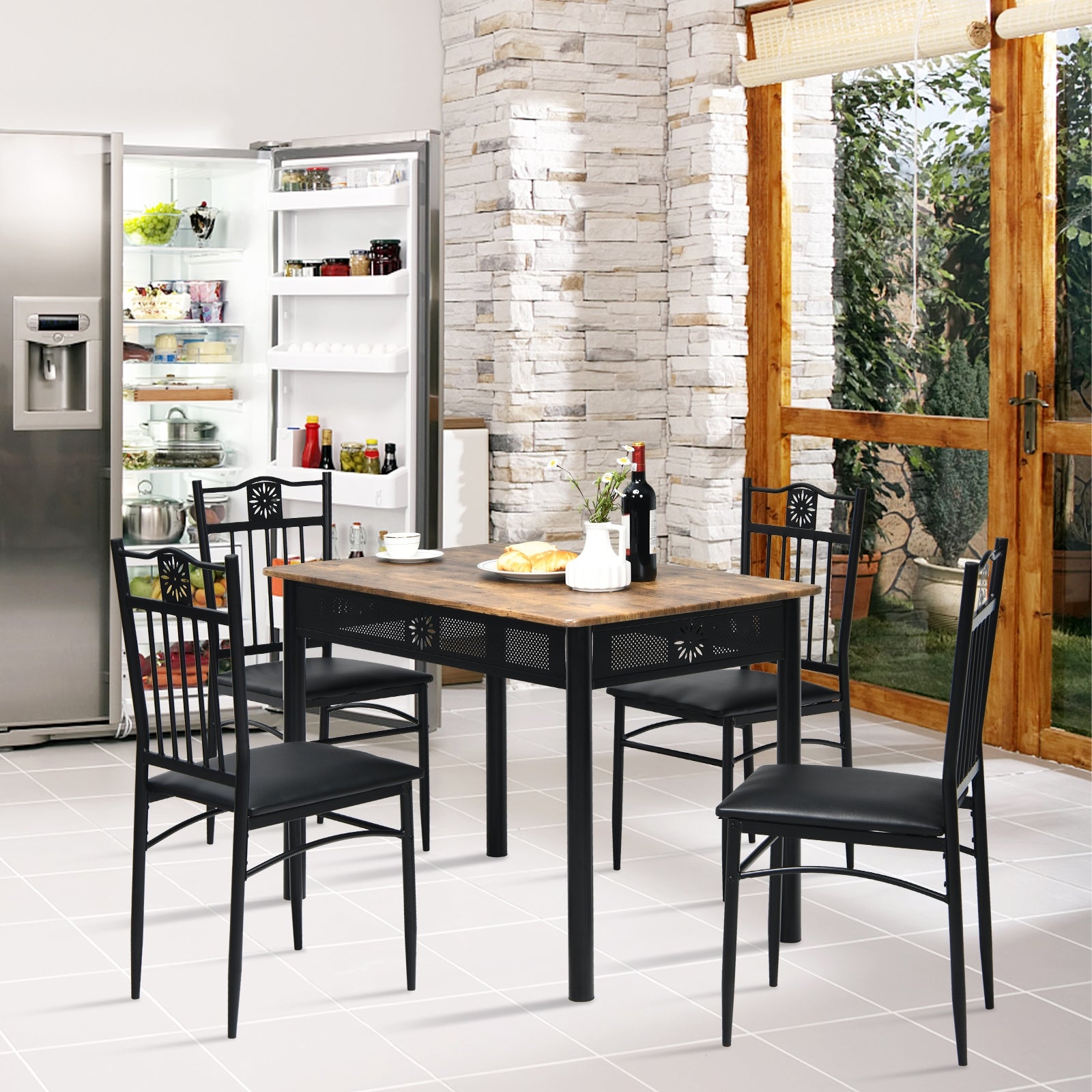 5 Pcs Dining Set, Wood Metal Table, 4 Chairs, Cushions, Black Dining Room Sets at Gallery Canada