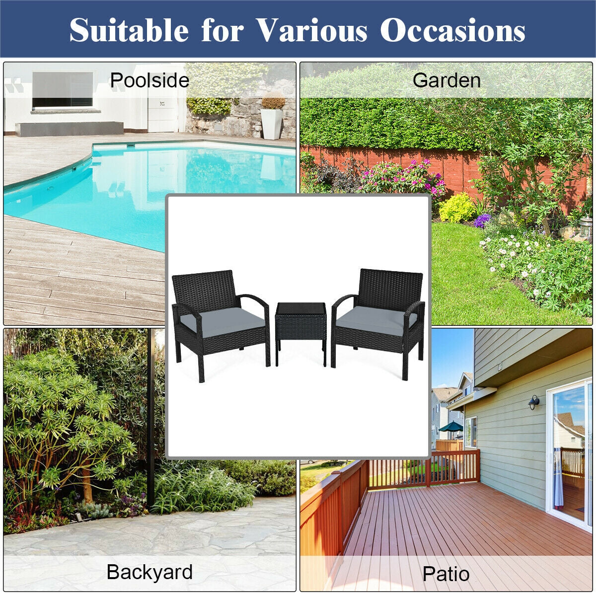 Outdoor Rattan Patio Conversation Set, 3 Pieces, Gray Patio Conversation Sets at Gallery Canada