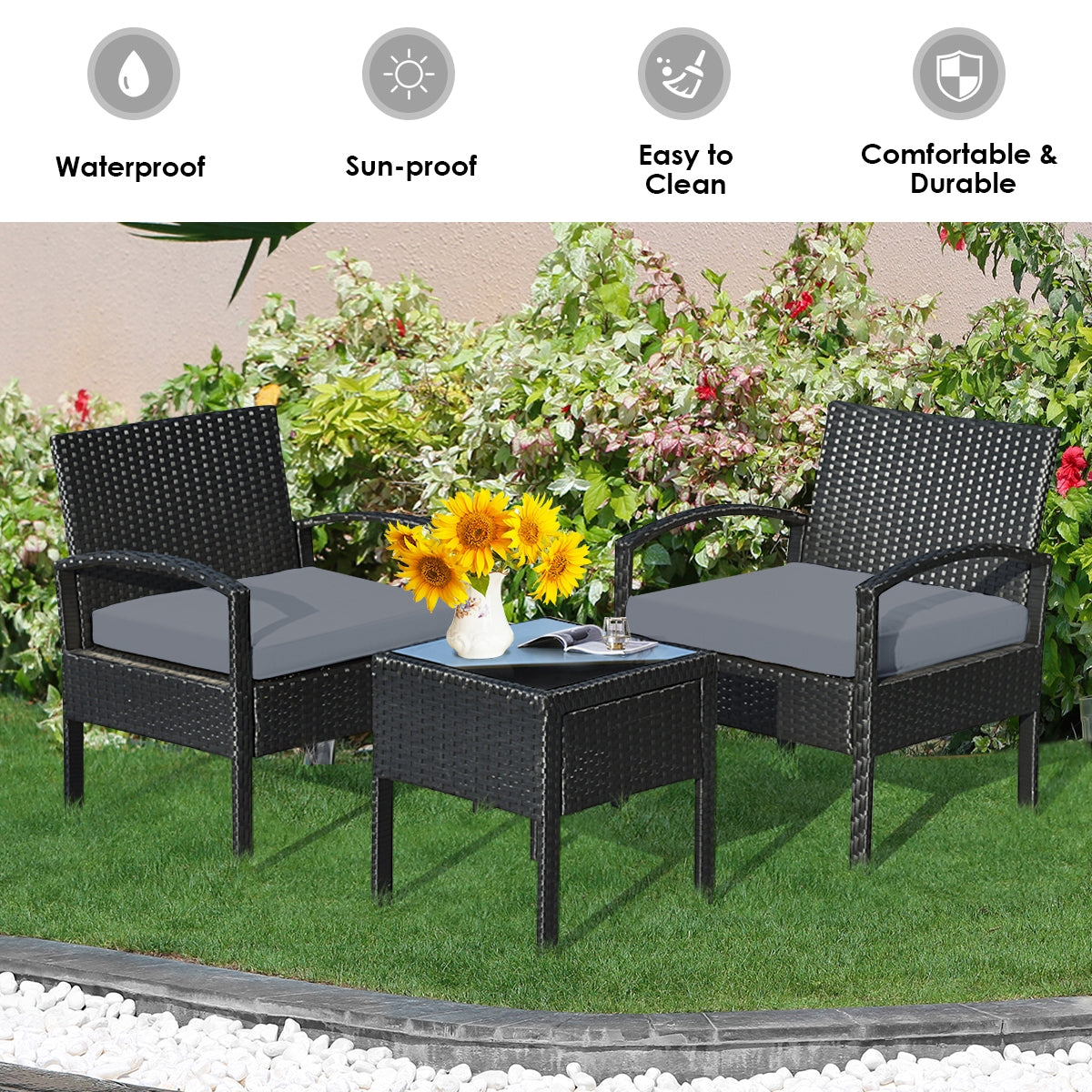 Outdoor Rattan Patio Conversation Set, 3 Pieces, Gray Patio Conversation Sets at Gallery Canada