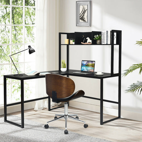 Industrial L-Shaped Desk Bookshelf, 55 Inch, Black