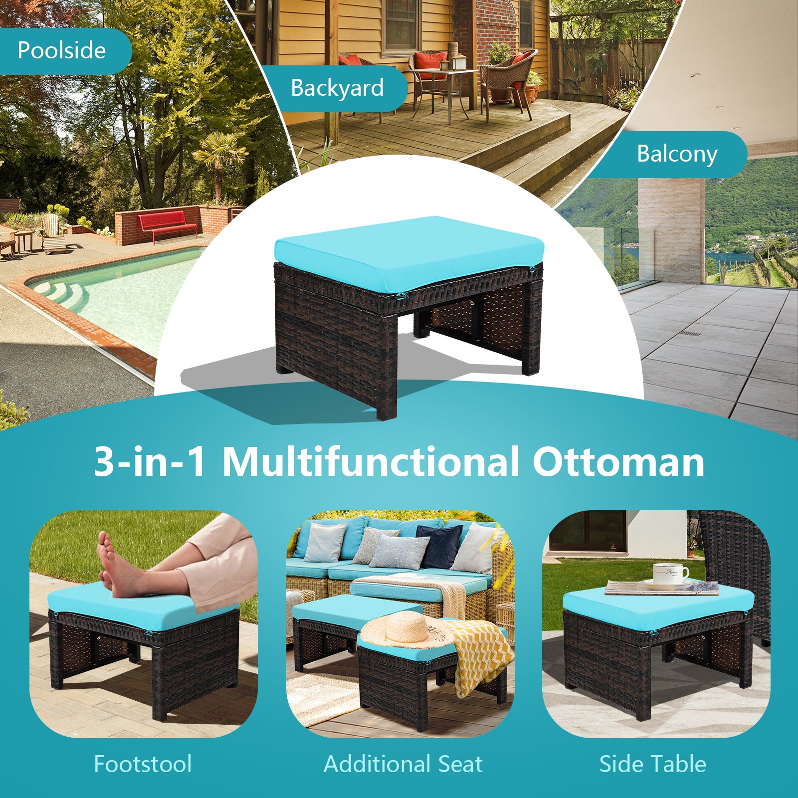 Patio Rattan Ottomans With Soft Cushion, 2 Pieces, Turquoise Outdoor Seating & Patio Chairs at Gallery Canada