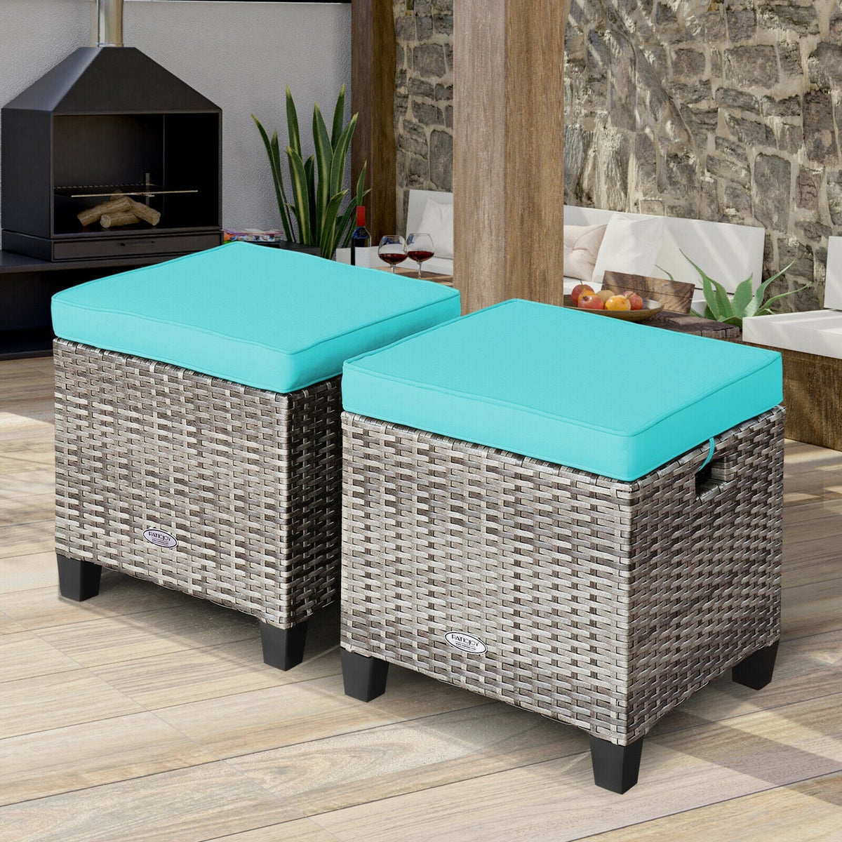 2PCS Rattan Ottoman Seat With Removable Cushions, Turquoise Outdoor Seating & Patio Chairs at Gallery Canada