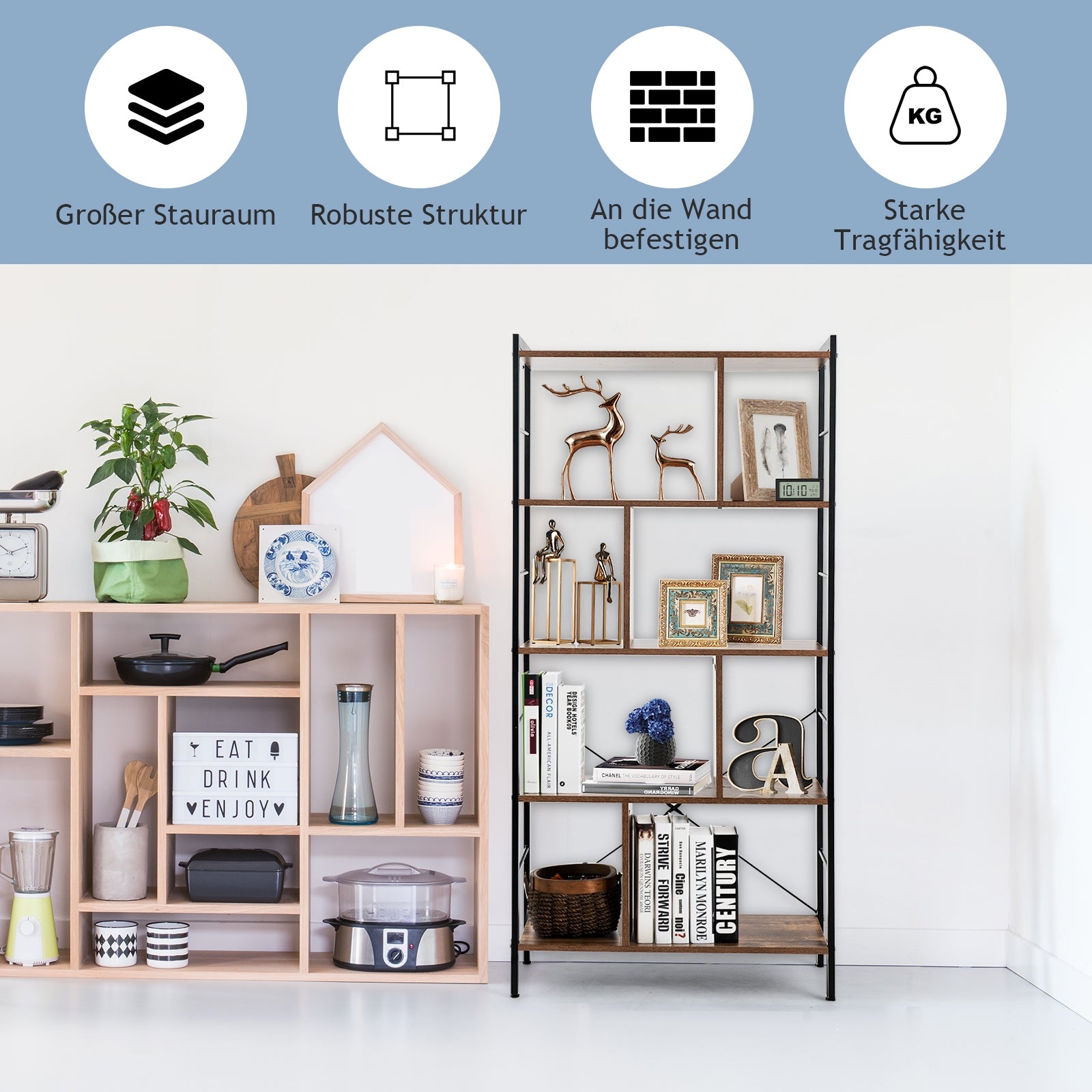 4-Tier Industrial Bookshelf, Floor Standing Storage Rack, Brown Bookcases at Gallery Canada