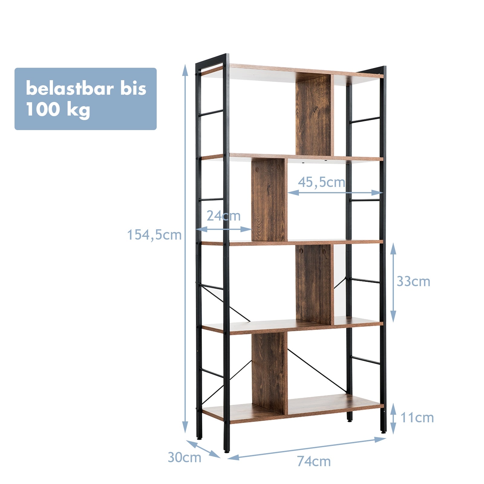 4-Tier Industrial Bookshelf, Floor Standing Storage Rack, Brown Bookcases at Gallery Canada