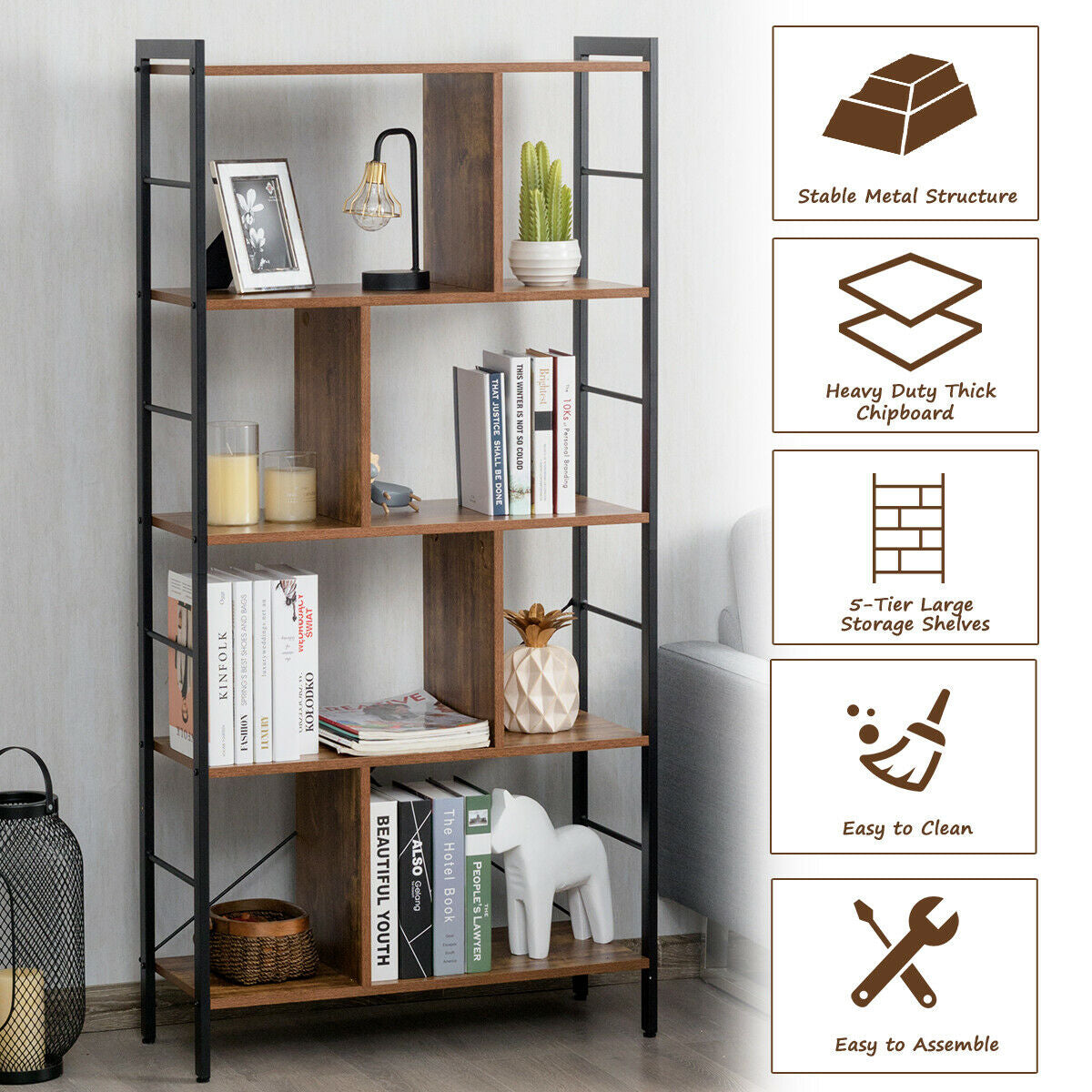 4-Tier Industrial Bookshelf, Floor Standing Storage Rack, Brown Bookcases at Gallery Canada