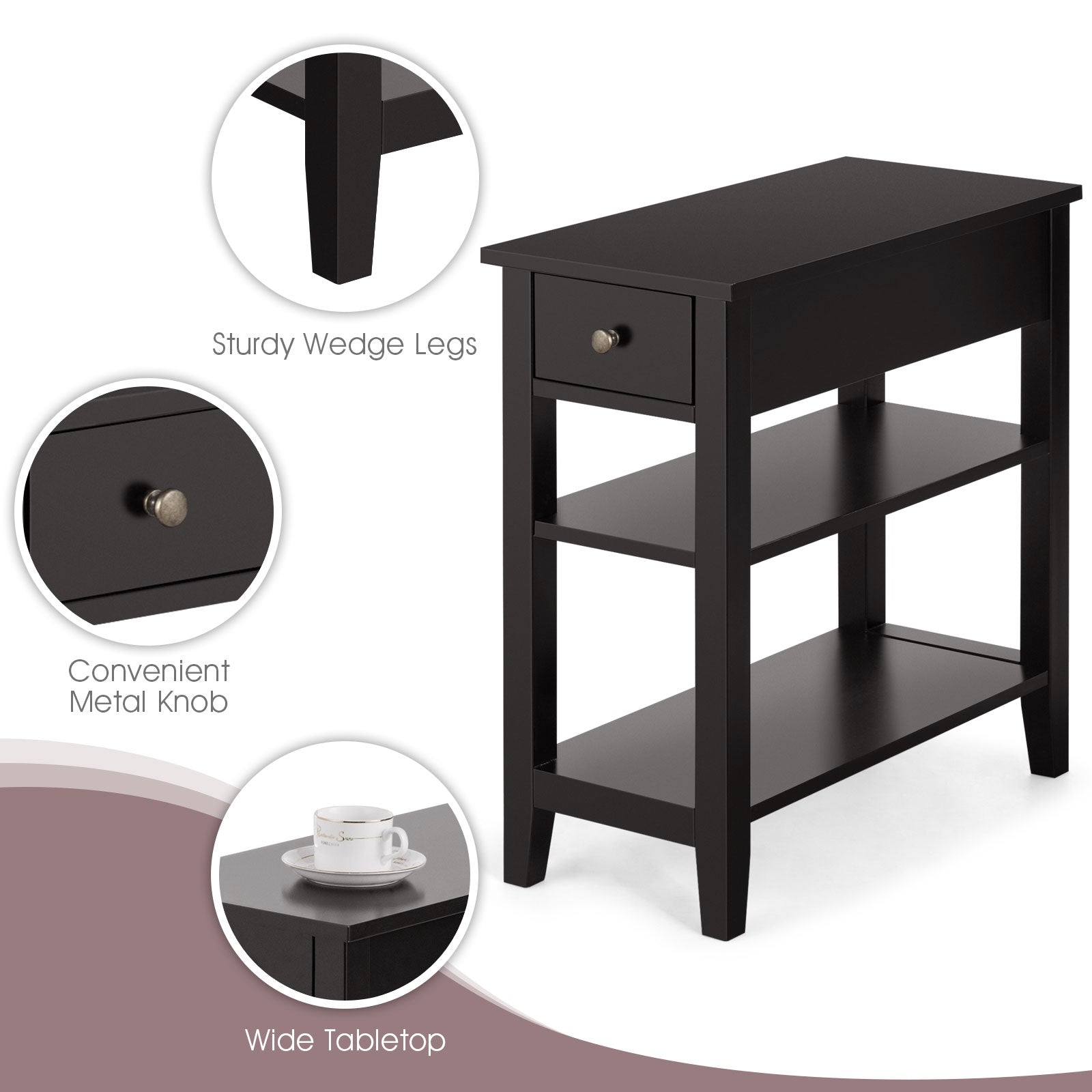 3-Tier Nightstand, Double Shelves Drawer, Brown Nightstands at Gallery Canada