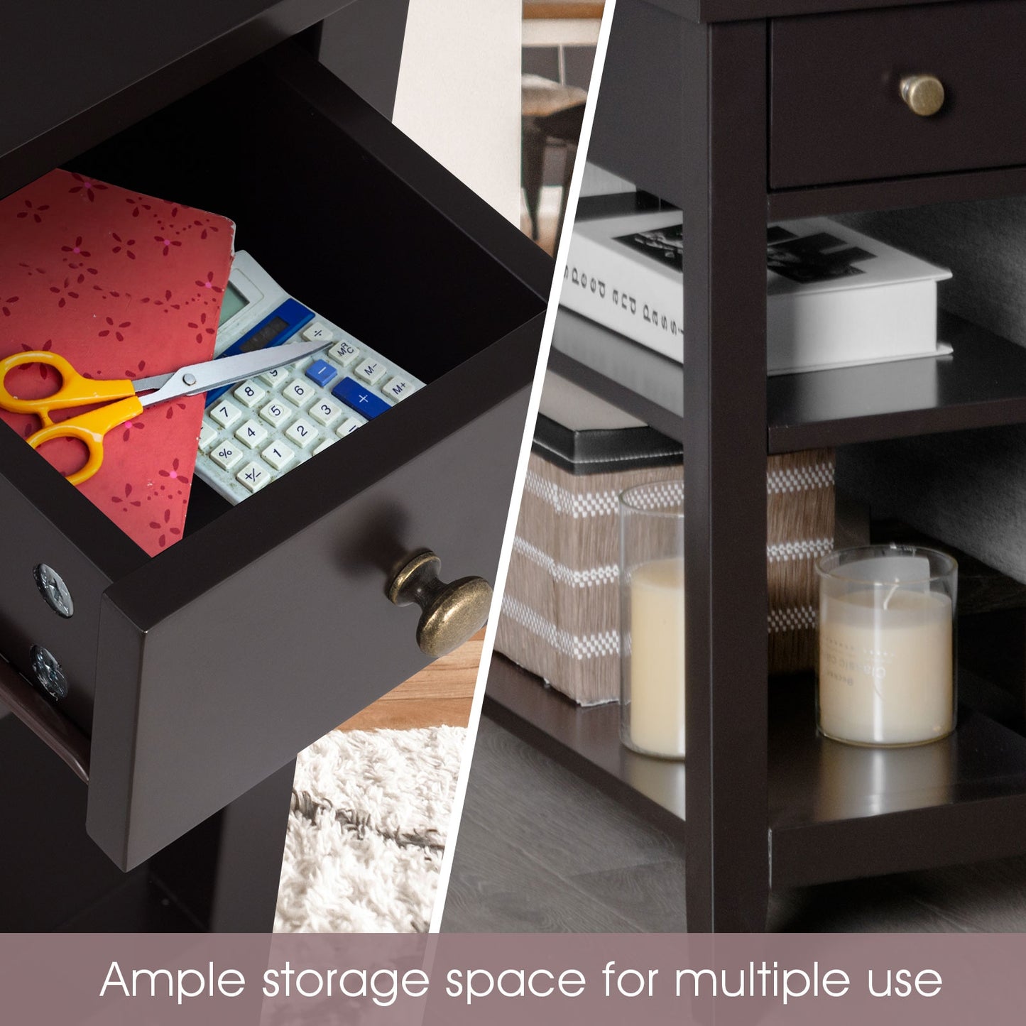 3-Tier Nightstand, Double Shelves Drawer, Brown Nightstands at Gallery Canada