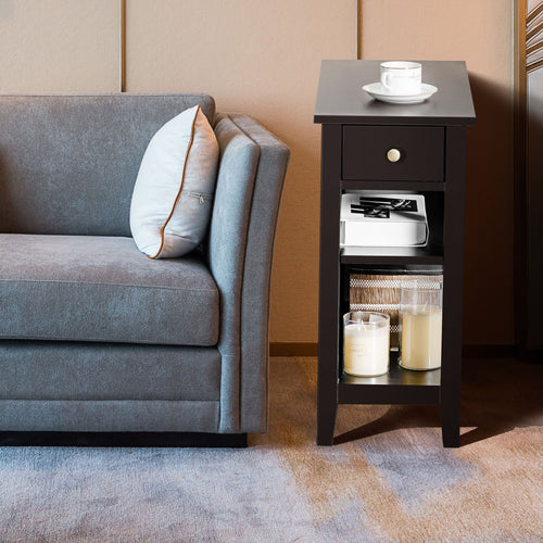 3-Tier Nightstand, Double Shelves Drawer, Brown