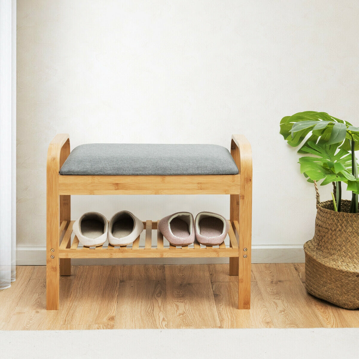 Bamboo Shoe Rack Bench With Storage Shelf, Natural Shoe Racks & Storage Benches at Gallery Canada