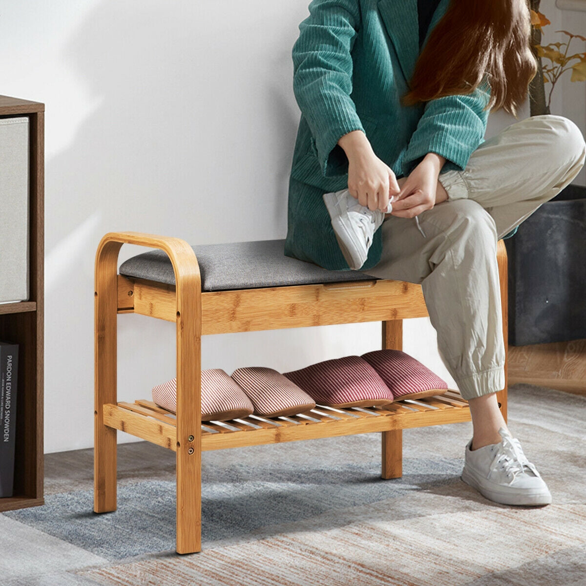Bamboo Shoe Rack Bench With Storage Shelf, Natural Shoe Racks & Storage Benches at Gallery Canada