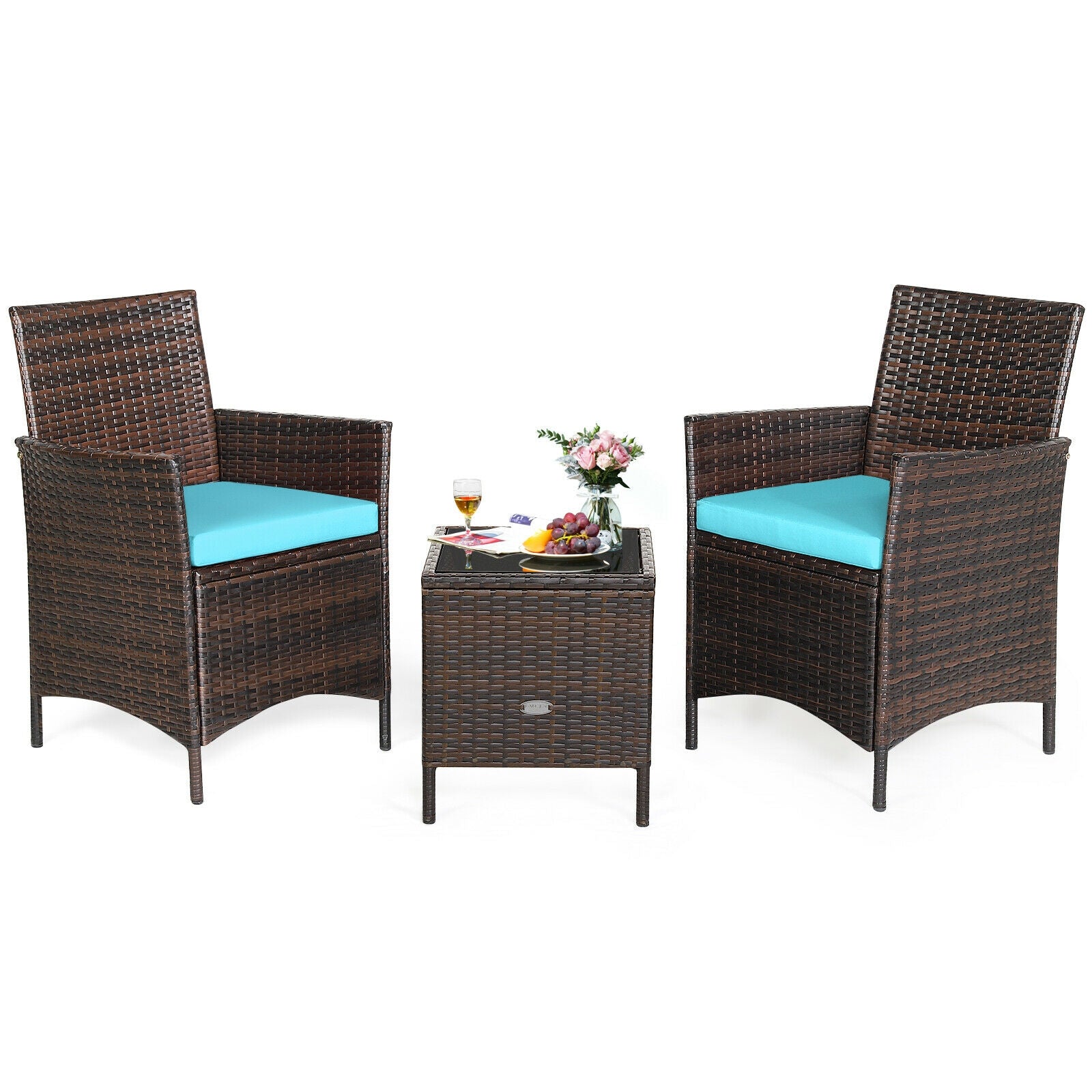 3Pcs Patio Rattan Furniture Set, Cushioned Sofa, Glass Tabletop, Blue Patio Conversation Sets Blue at Gallery Canada