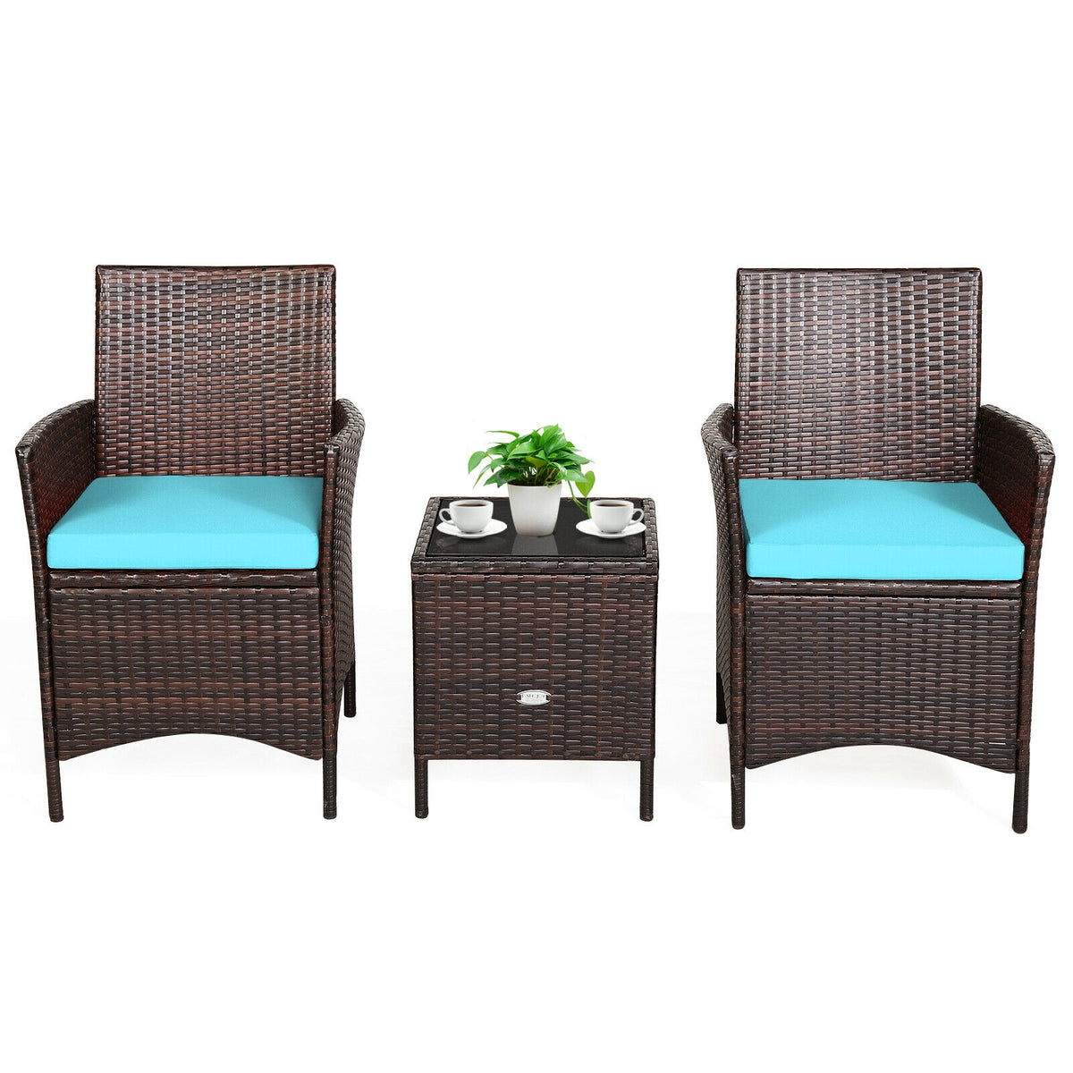 3Pcs Patio Rattan Furniture Set, Cushioned Sofa, Glass Tabletop, Blue Patio Conversation Sets at Gallery Canada
