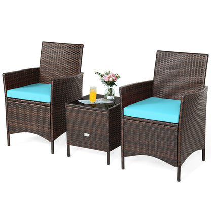 3Pcs Patio Rattan Furniture Set, Cushioned Sofa, Glass Tabletop, Blue Patio Conversation Sets at Gallery Canada