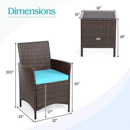 3Pcs Patio Rattan Furniture Set, Cushioned Sofa, Glass Tabletop, Blue Patio Conversation Sets at Gallery Canada