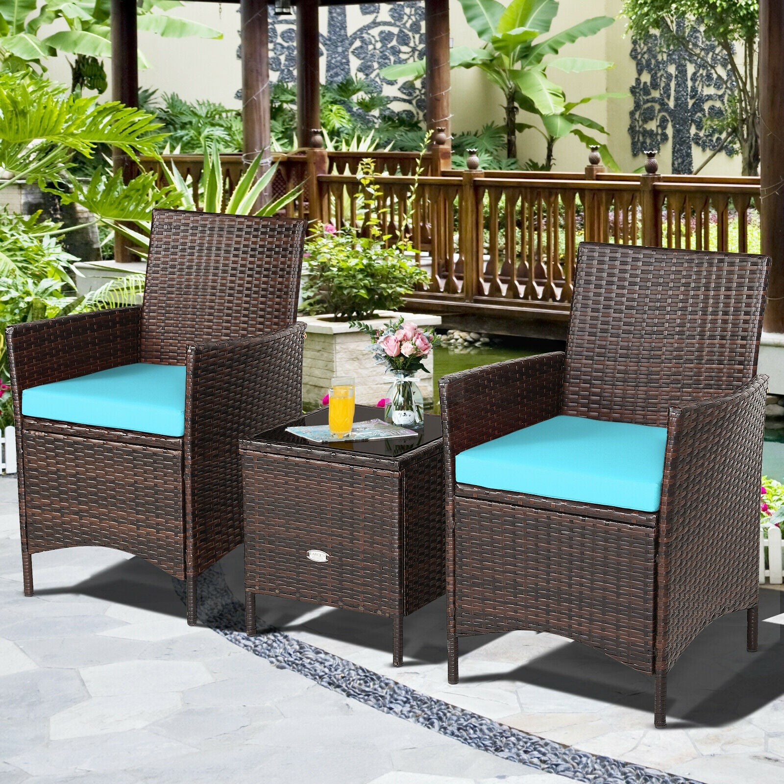 3Pcs Patio Rattan Furniture Set, Cushioned Sofa, Glass Tabletop, Blue Patio Conversation Sets at Gallery Canada