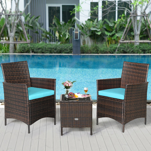 3Pcs Patio Rattan Furniture Set, Cushioned Sofa, Glass Tabletop, Blue