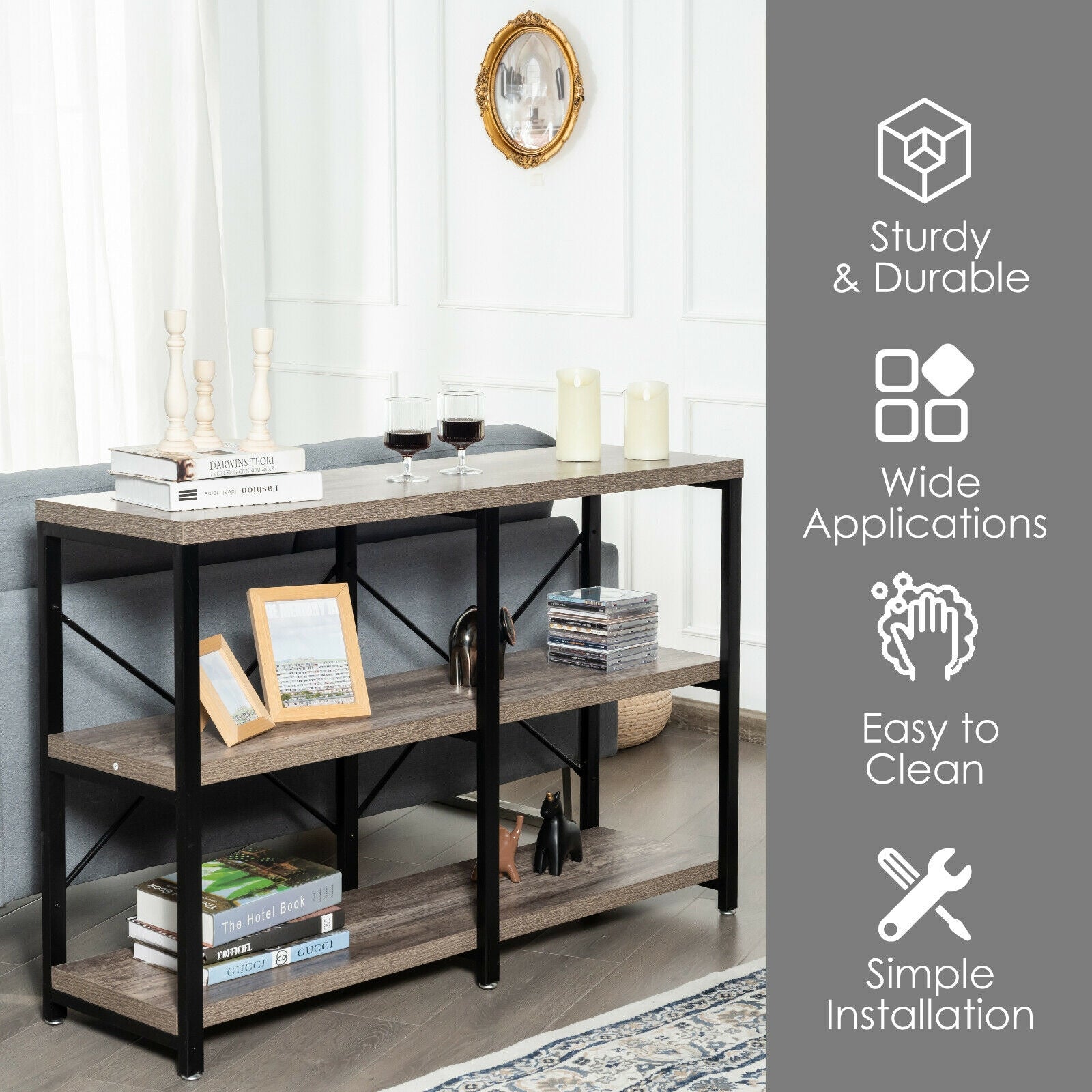 3 Tier 47 Inch Console Metal Frame Sofa Table, Natural Console Tables at Gallery Canada